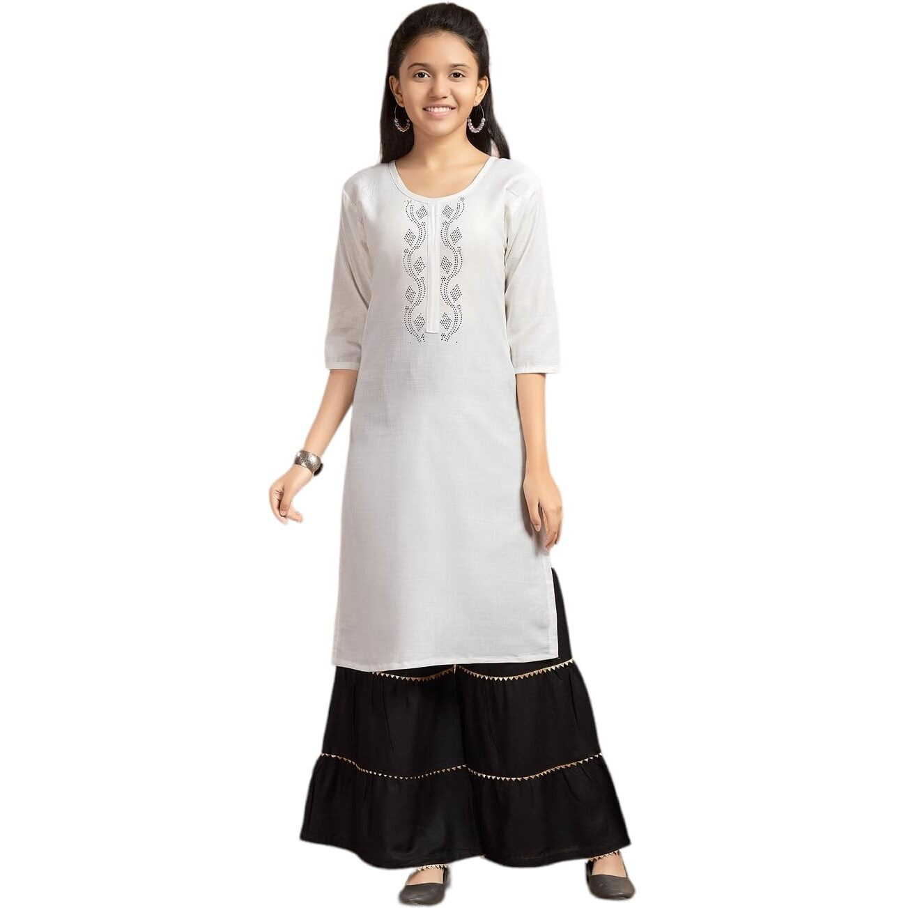 Aarika Girls Casual Wear White Colour Embellished Cotton Kurti (9-16 Years)