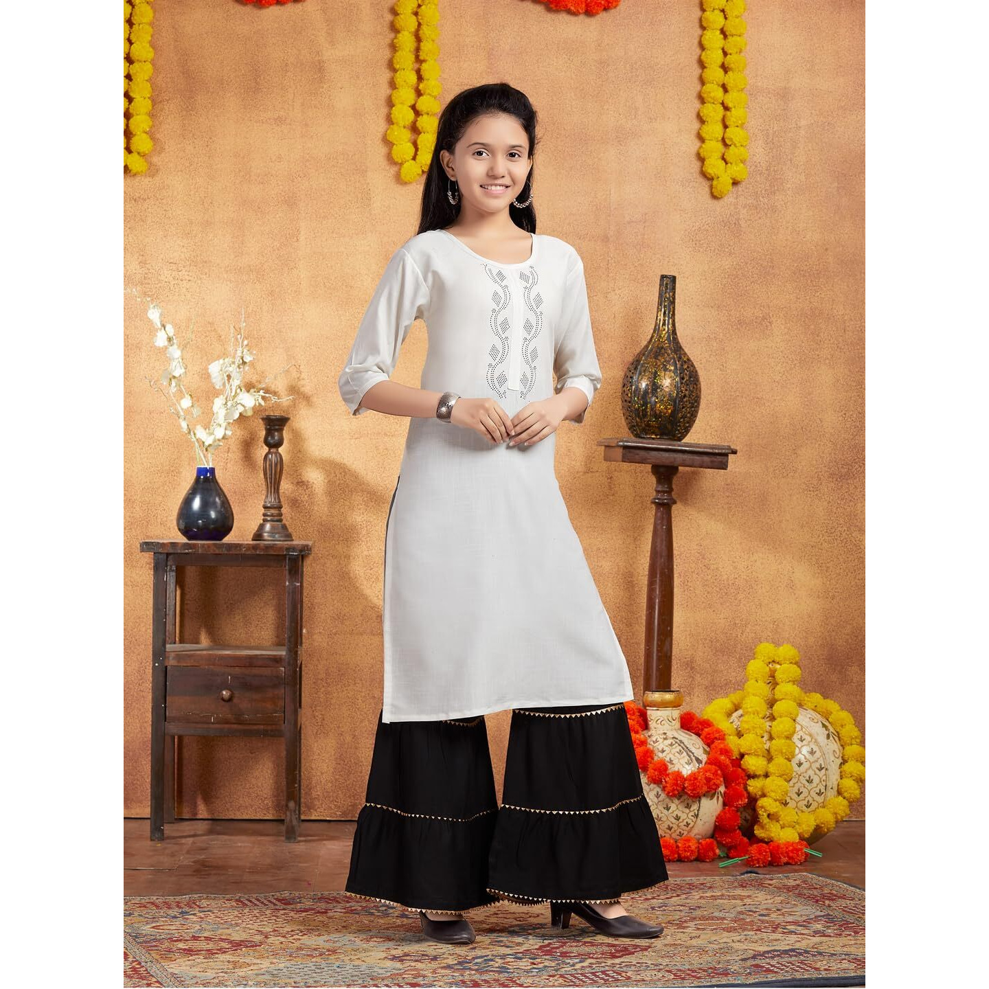 Aarika Girls Casual Wear White Colour Embellished Cotton Kurti (9-16 Years)