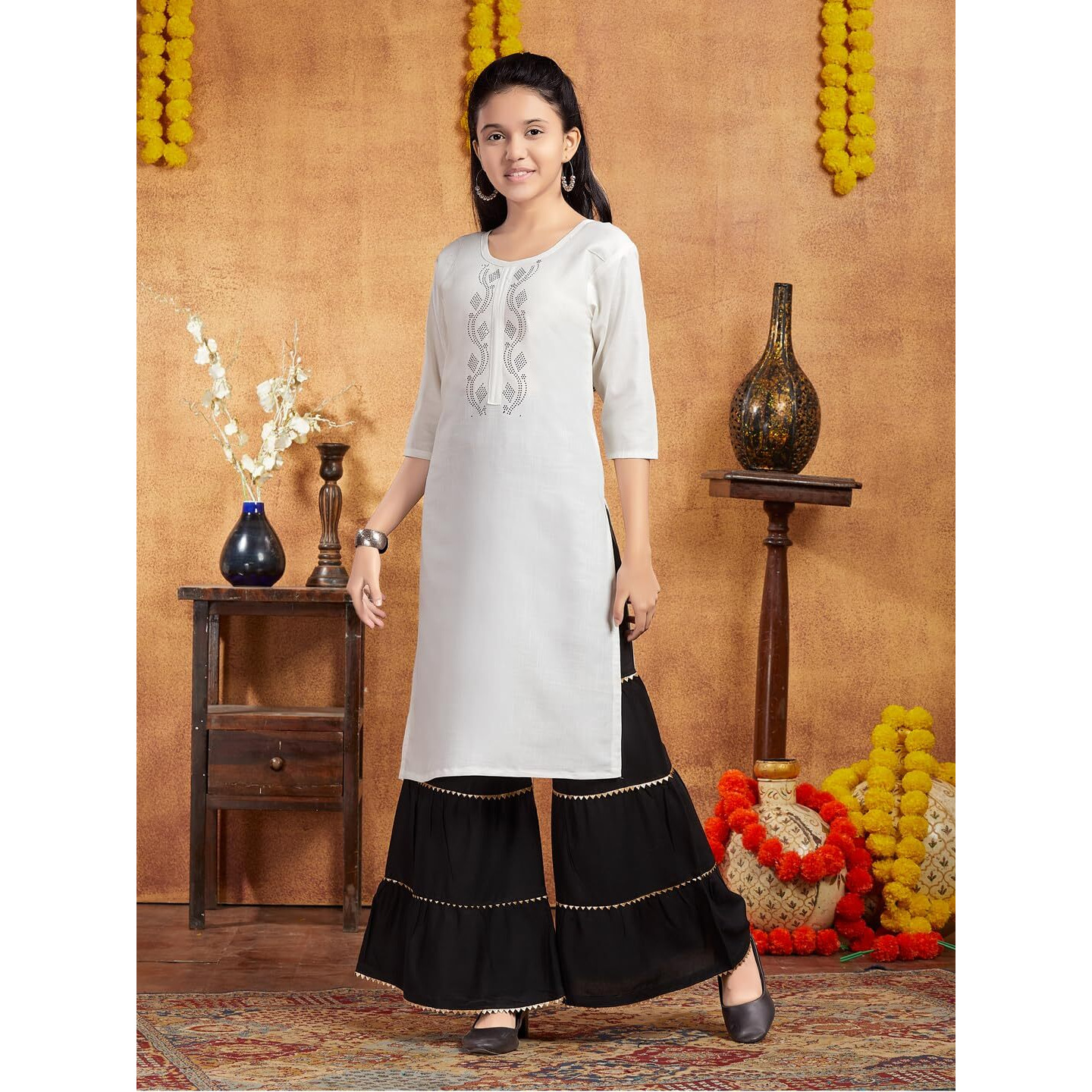 Aarika Girls Casual Wear White Colour Embellished Cotton Kurti (9-16 Years)