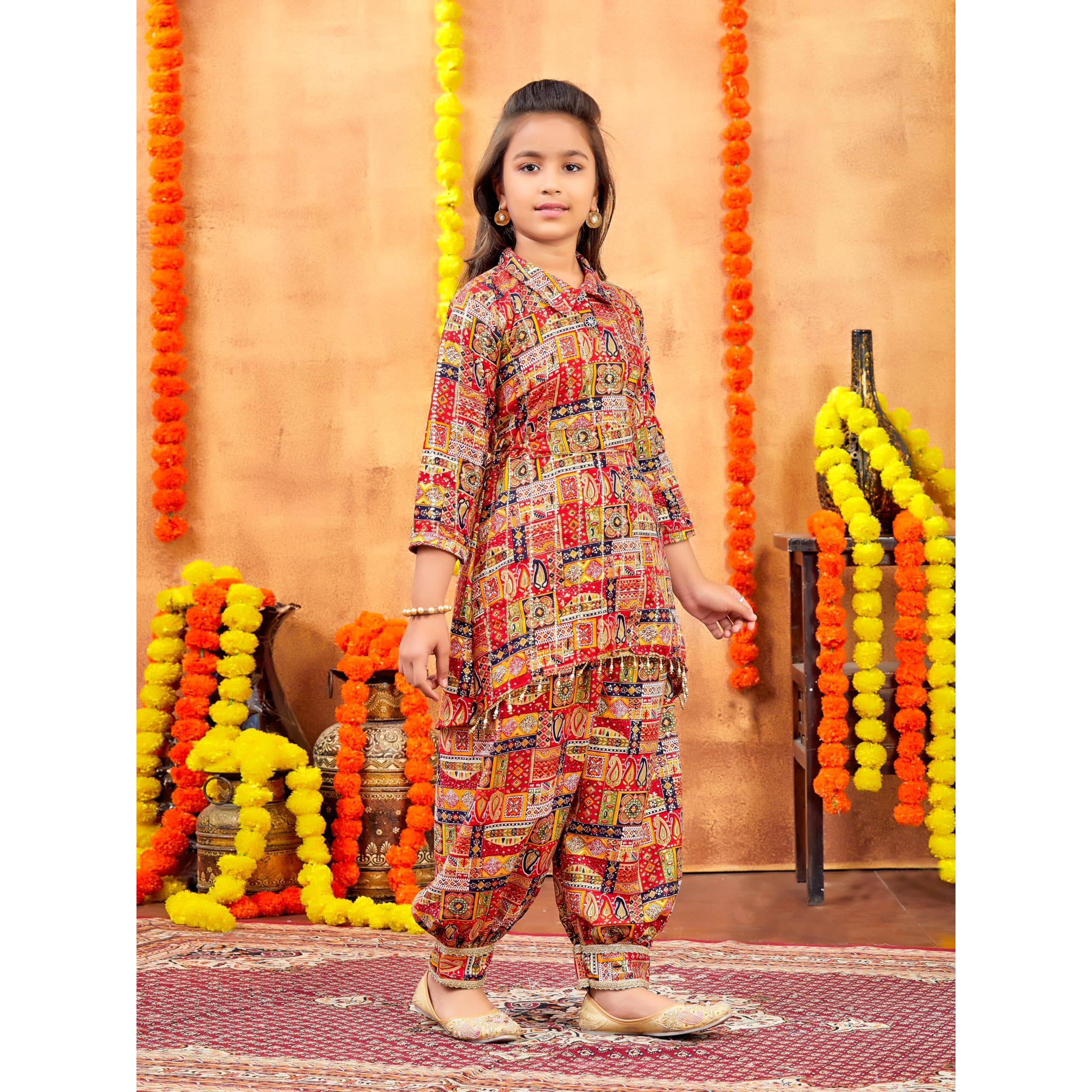 Aarika Girls Ethnic Wear Red Colour Abstract Printed Cotton Kurti Patiala Set With Belt (4-10 Years)