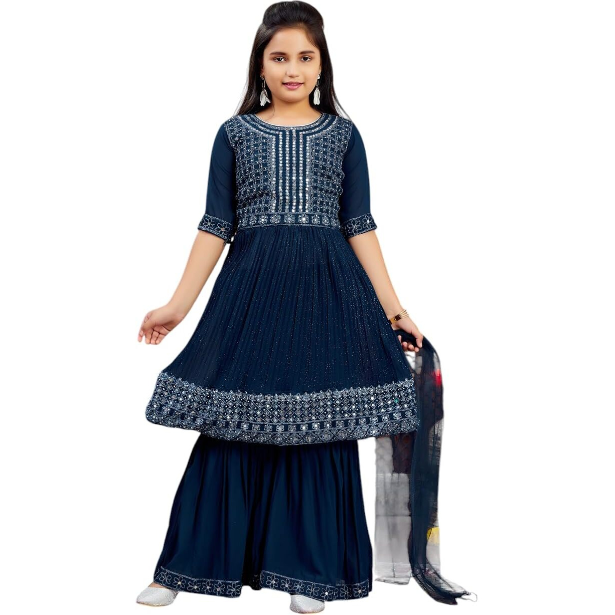 Aarika Girls Ethnic Wea Teal Blue Colour Mirror Embroidery Georgette Kurti Sharara Set (5-16 Years)