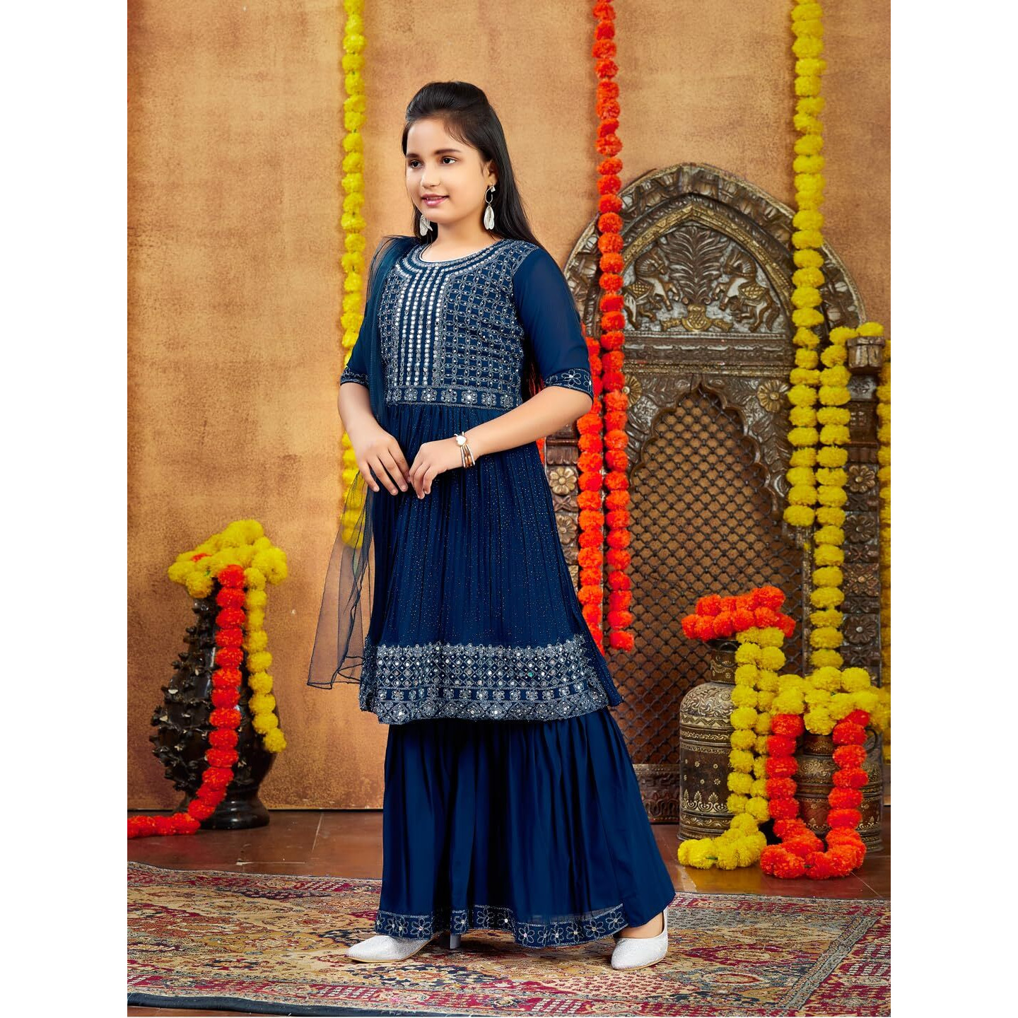 Aarika Girls Ethnic Wea Teal Blue Colour Mirror Embroidery Georgette Kurti Sharara Set (5-16 Years)