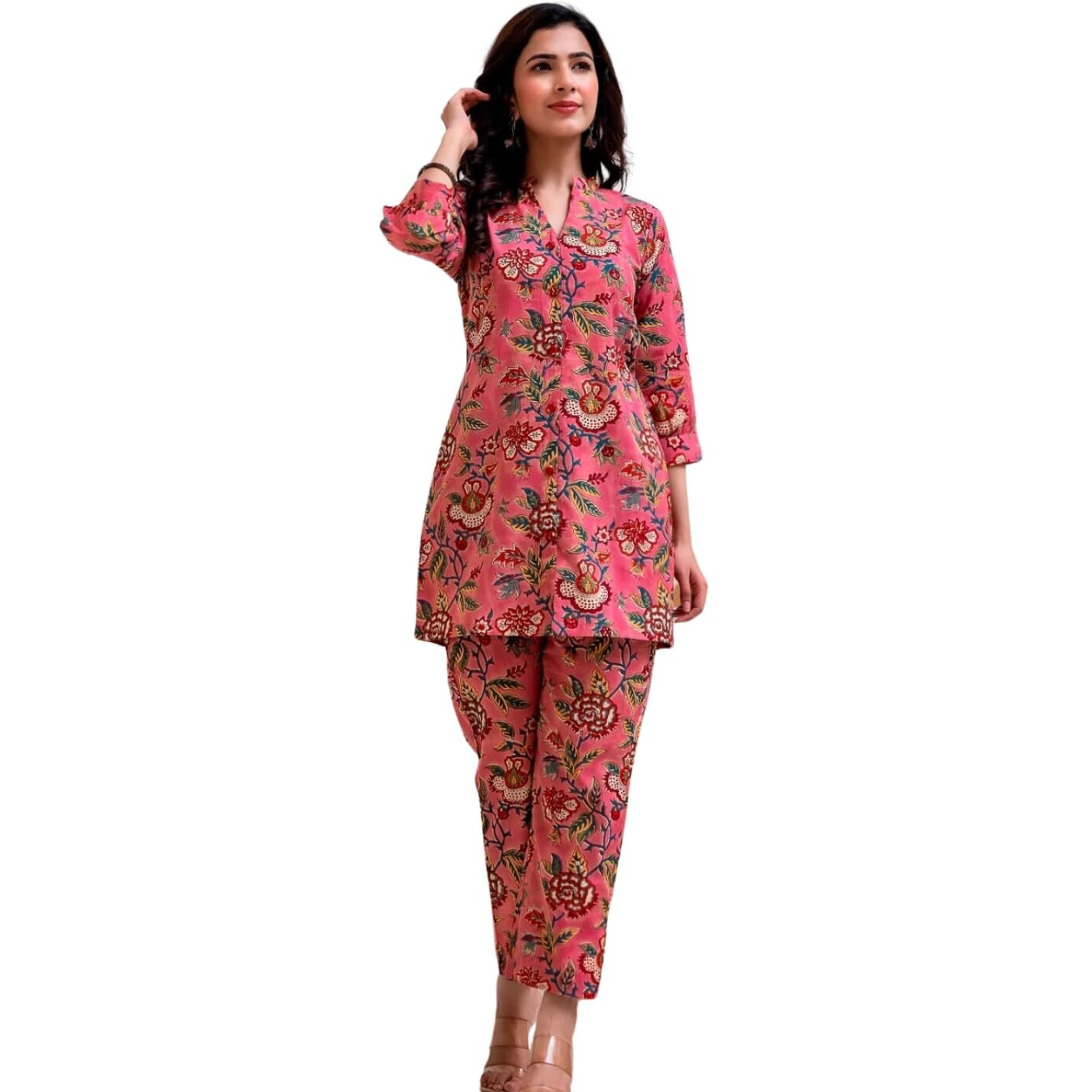 Dhruvi Trendz Regular Fit Formal Floral Printed Rayon Western Co-Ord Set For Women(Available In 2Xl And 3Xl) (Dt-W1729&Tr820_Pink_Xl)