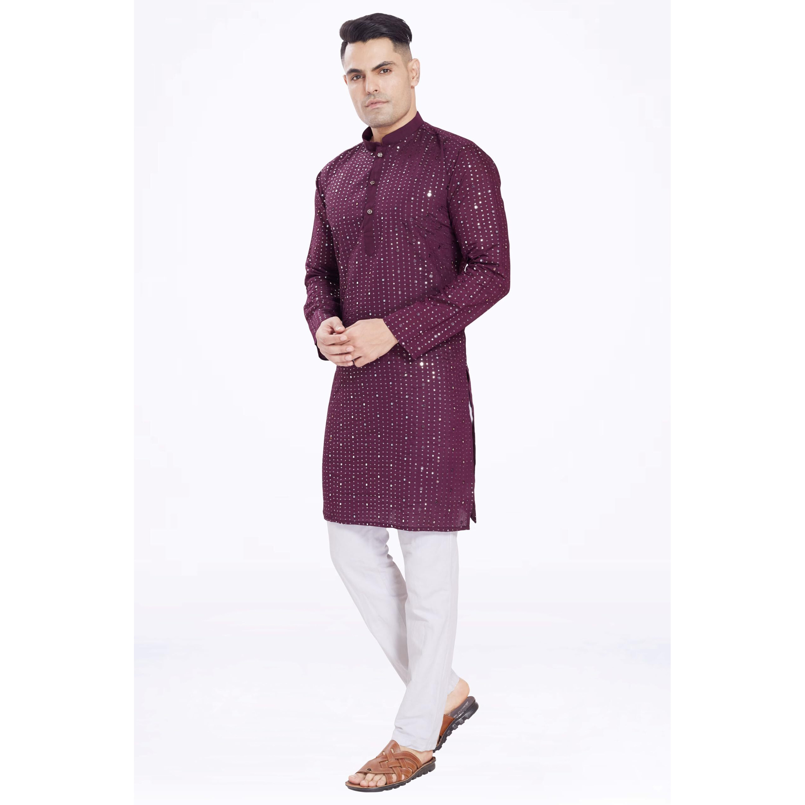 Divisive Men's Sequince Mirror Embroidered Cotton Silk Blend Only Slim Fit Kurta (Dkrt177_Xxl_Wine)