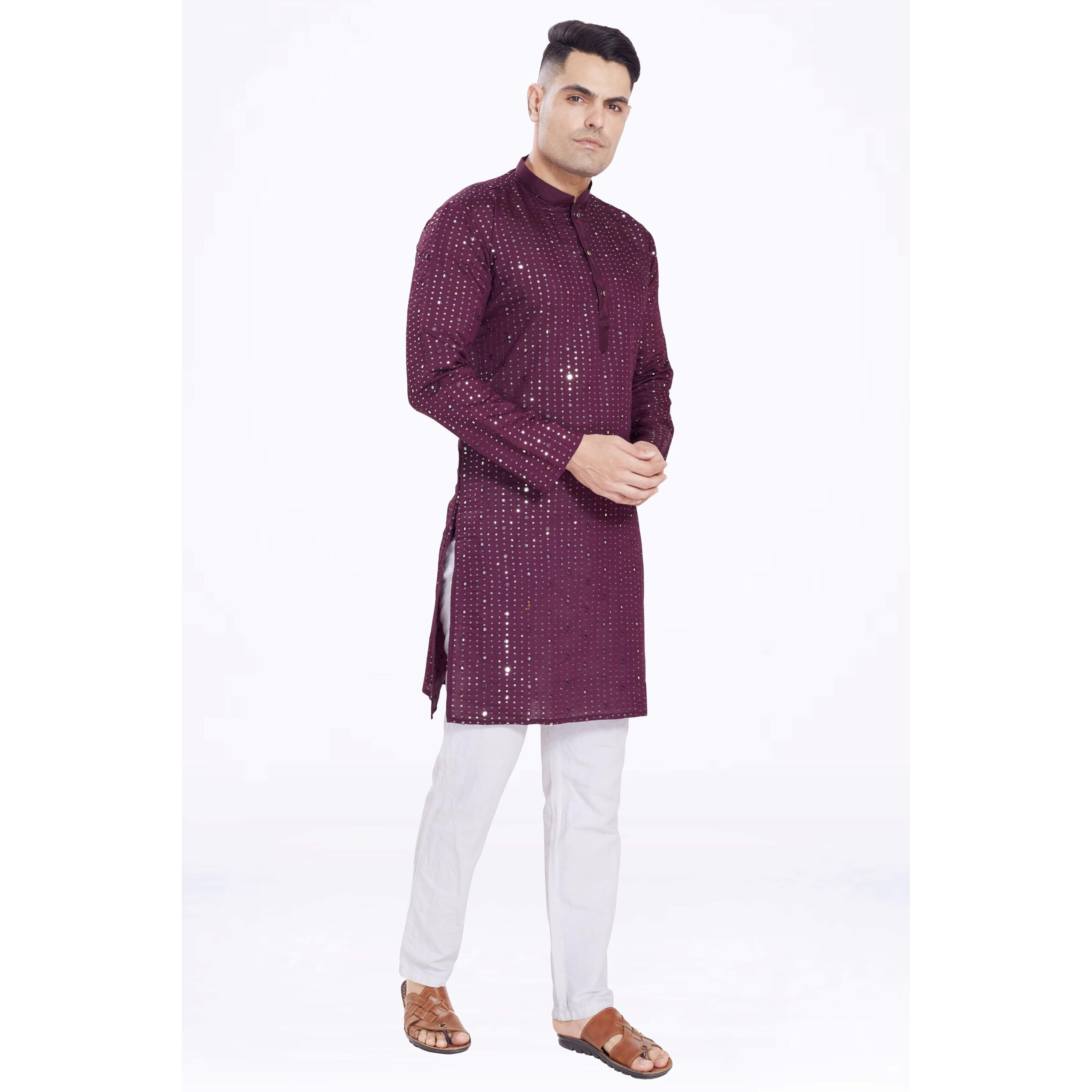 Divisive Men's Sequince Mirror Embroidered Cotton Silk Blend Only Slim Fit Kurta (Dkrt177_Xxl_Wine)