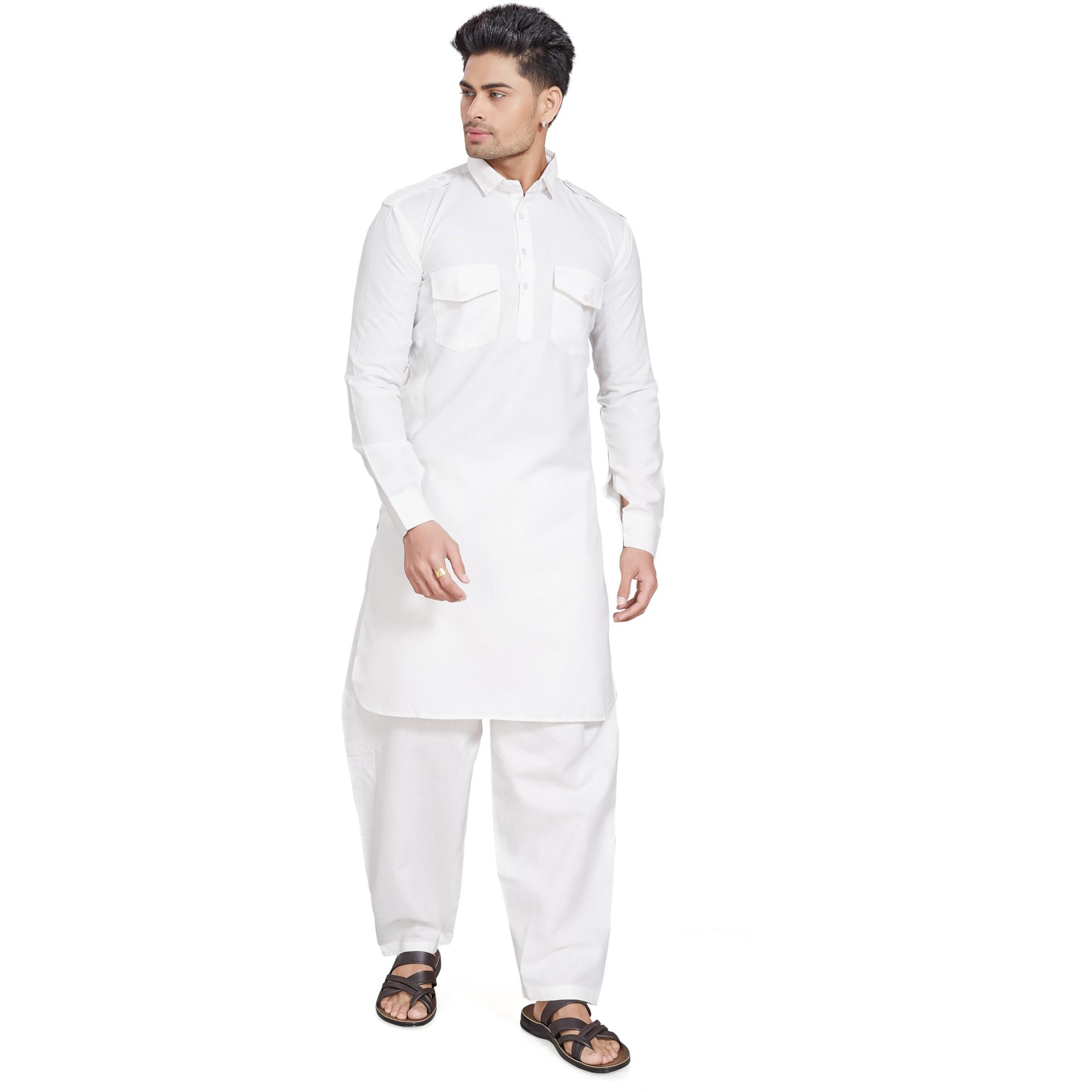 Divisive Men's Cotton Blend Pathani Kurta Pyjama Set (Dkrt461_M_Cream)