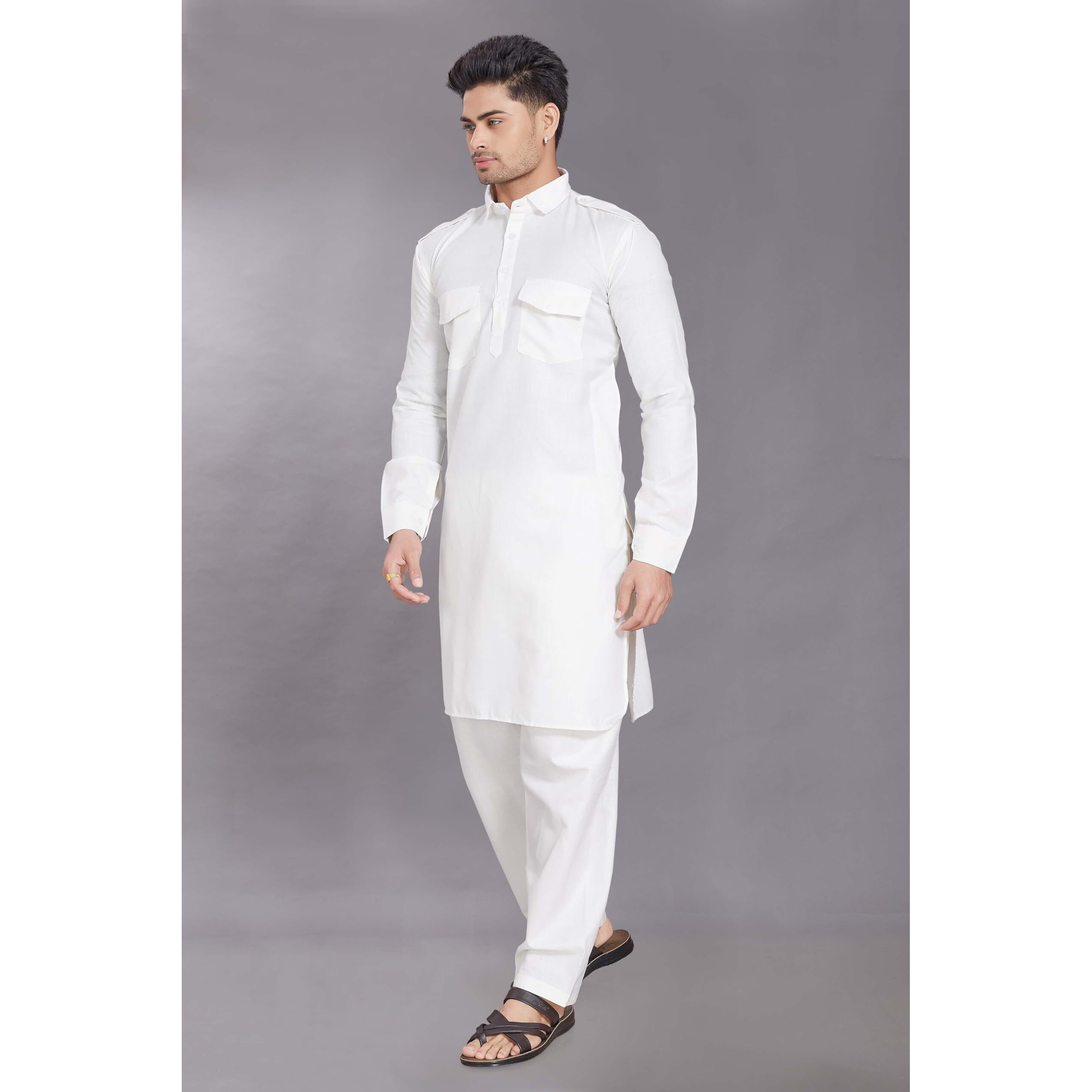 Divisive Men's Cotton Blend Pathani Kurta Pyjama Set (Dkrt461_M_Cream)