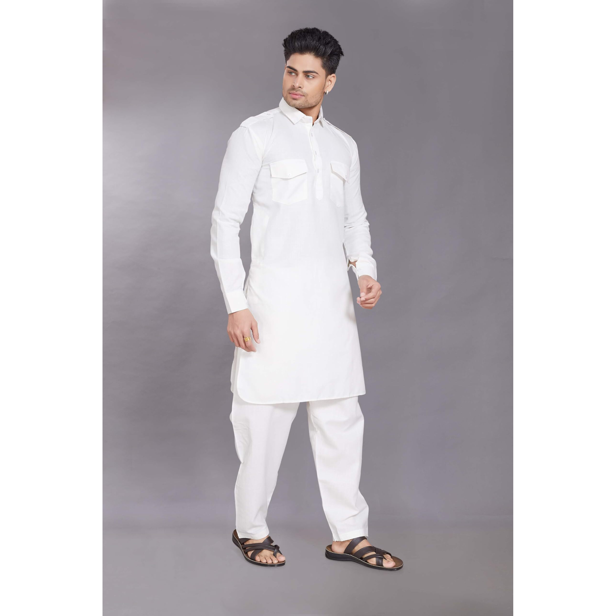 Divisive Men's Cotton Blend Pathani Kurta Pyjama Set (Dkrt461_M_Cream)