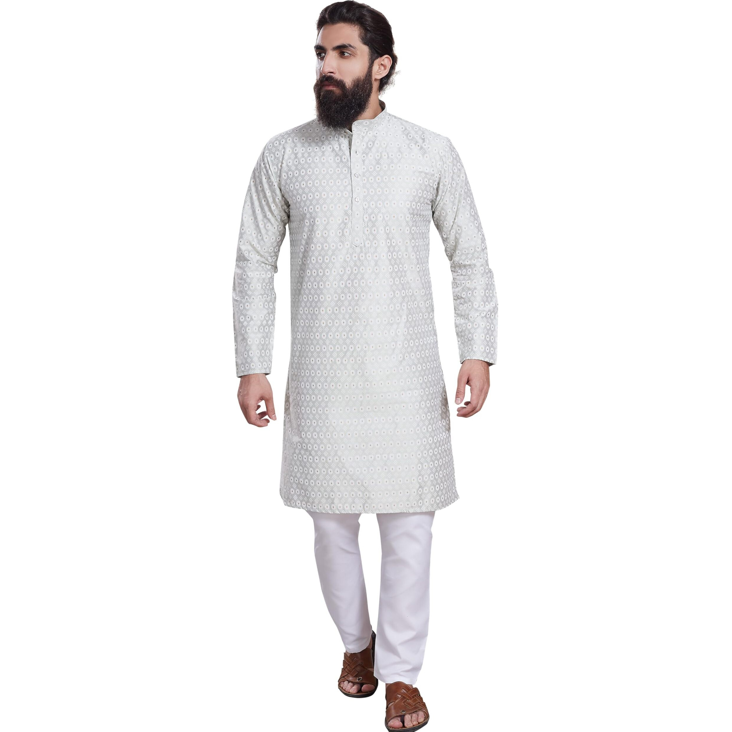 Divisive Men's Printed Cotton Silk Blend Only Slim Fit Kurta (Dkrt215_L_Lt Grey)