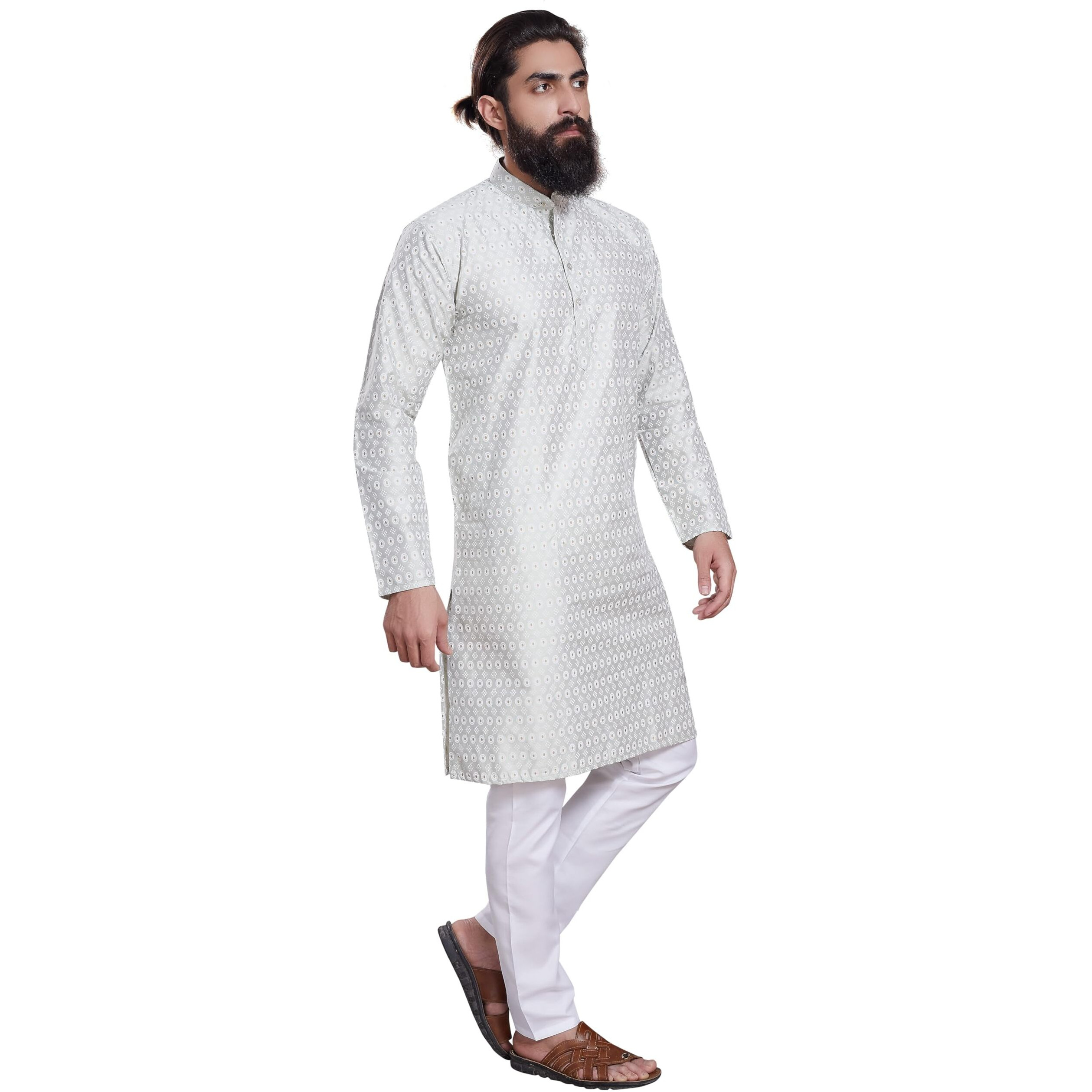 Divisive Men's Printed Cotton Silk Blend Only Slim Fit Kurta (Dkrt215_L_Lt Grey)