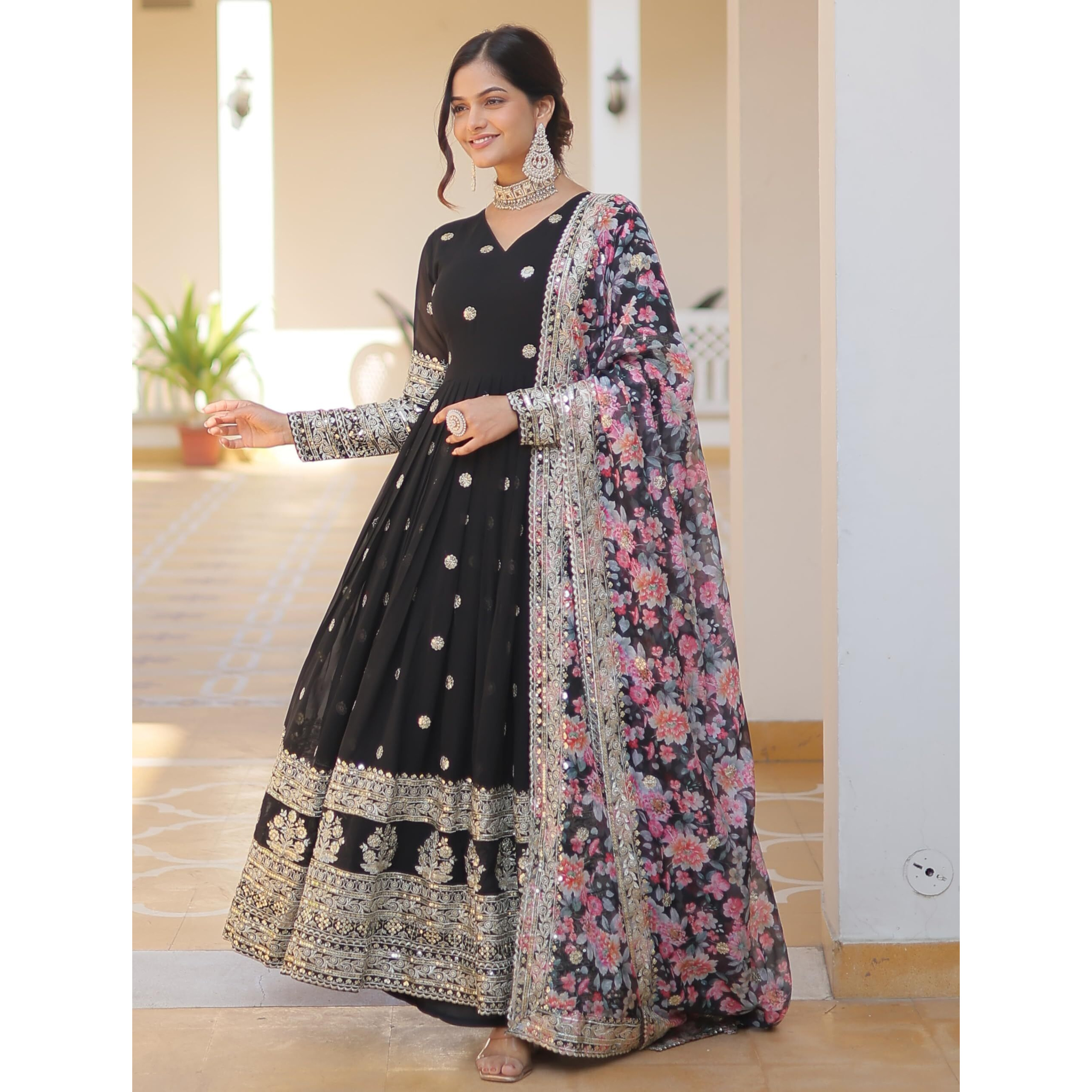 Fashion Basket Gergette Embroidered Long Anarkali Black