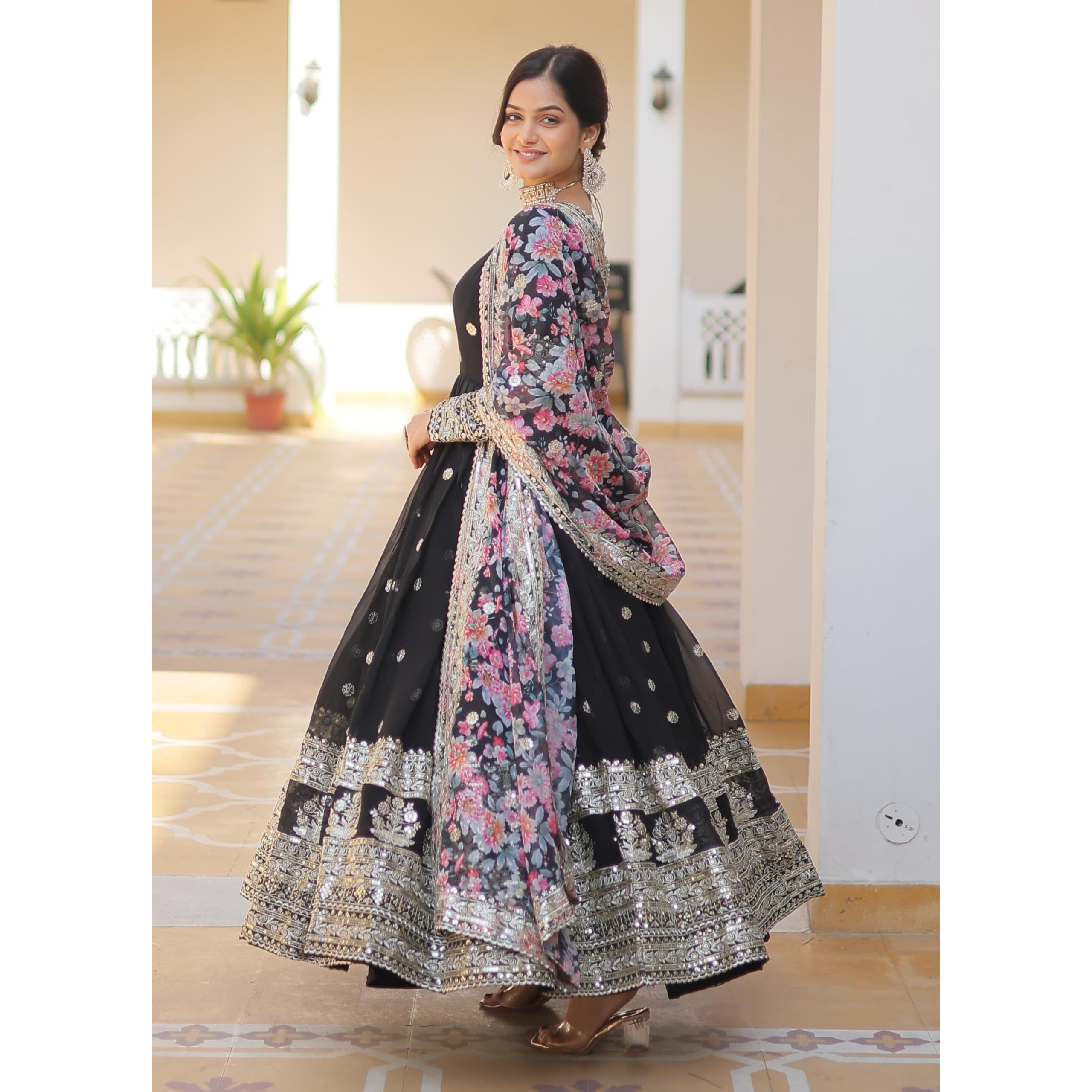 Fashion Basket Gergette Embroidered Long Anarkali Black