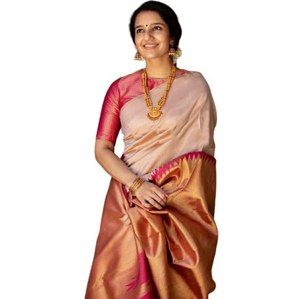 Flosive Ayn Women's Present Banarasi Soft Lichi Silk Saree Krishna Jacquard Rich Pallu Design Work Zari Woven Kanjivaram Silk Style Saree With Soft Lichi Silk Blouse Piece (Cream)