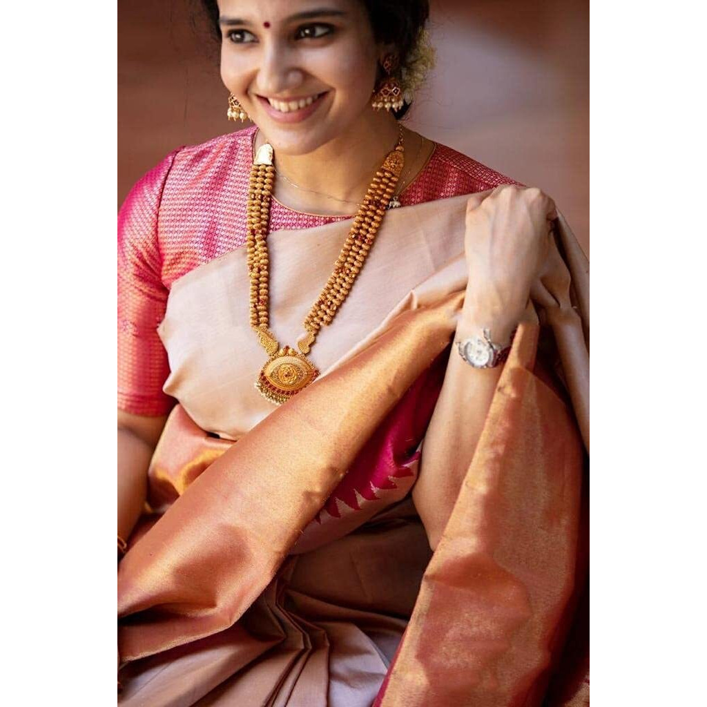 Flosive Ayn Women's Present Banarasi Soft Lichi Silk Saree Krishna Jacquard Rich Pallu Design Work Zari Woven Kanjivaram Silk Style Saree With Soft Lichi Silk Blouse Piece (Cream)