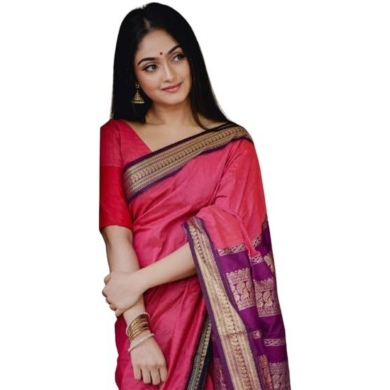 Flosive Women's Kanjivaram Silk Saree With Handloom Weaving Work With Blouse Piece (Pink)
