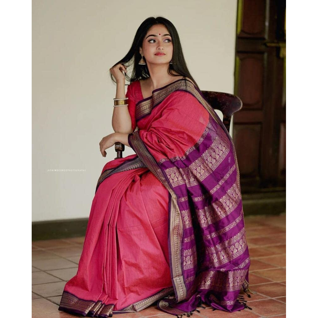 Flosive Women's Kanjivaram Silk Saree With Handloom Weaving Work With Blouse Piece (Pink)