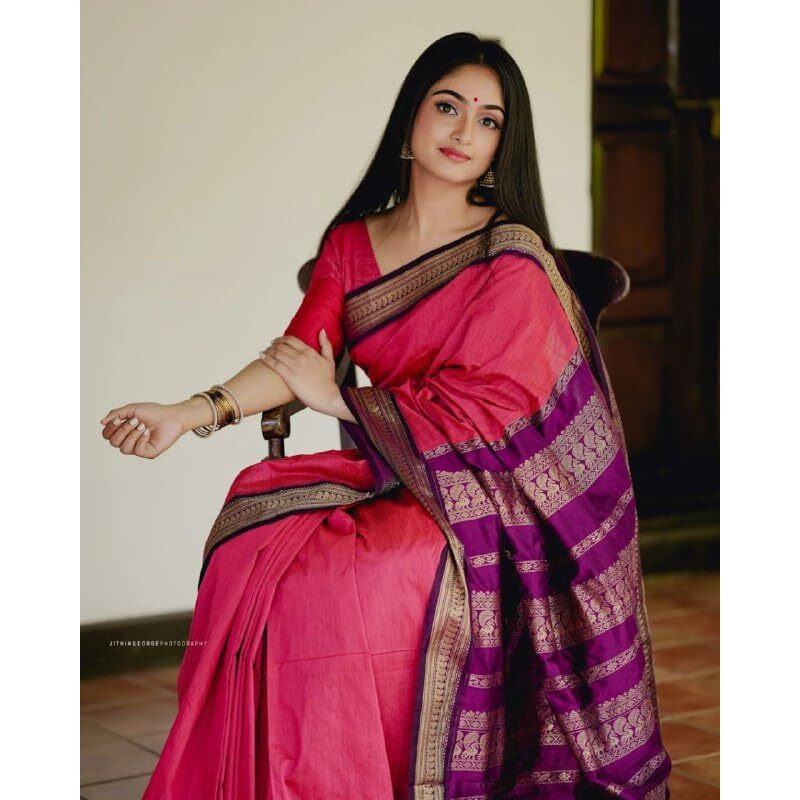 Flosive Women's Kanjivaram Silk Saree With Handloom Weaving Work With Blouse Piece (Pink)