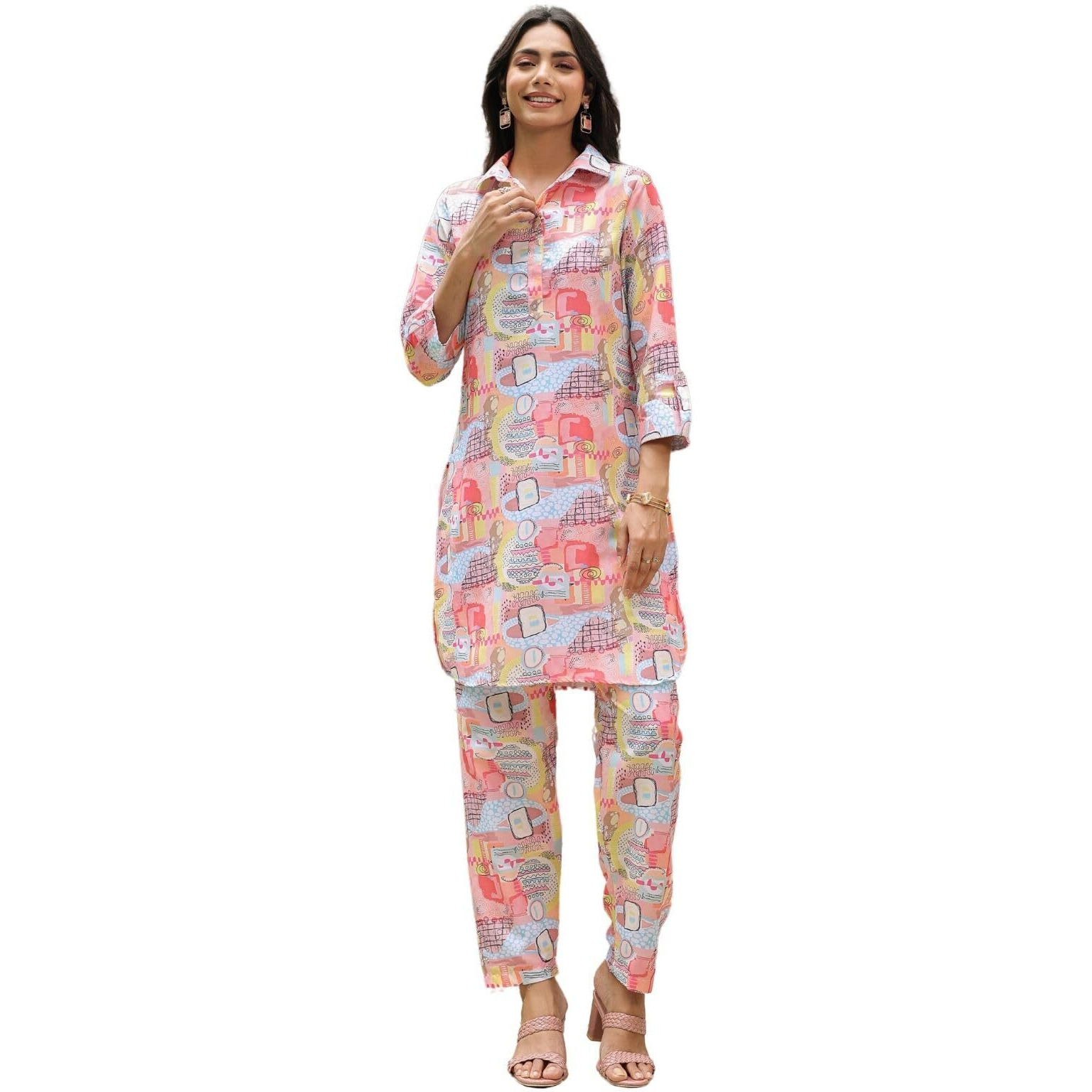 Greciilooks Women Rayon Printed Standard Length Stylish Kurta Ethnic | Full Sleeve Co-Ord Set (Gl-W1951&Tr972_Multicolour_S)