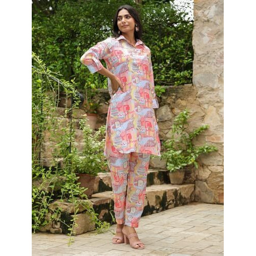 Greciilooks Women Rayon Printed Standard Length Stylish Kurta Ethnic | Full Sleeve Co-Ord Set (Gl-W1951&Tr972_Multicolour_S)