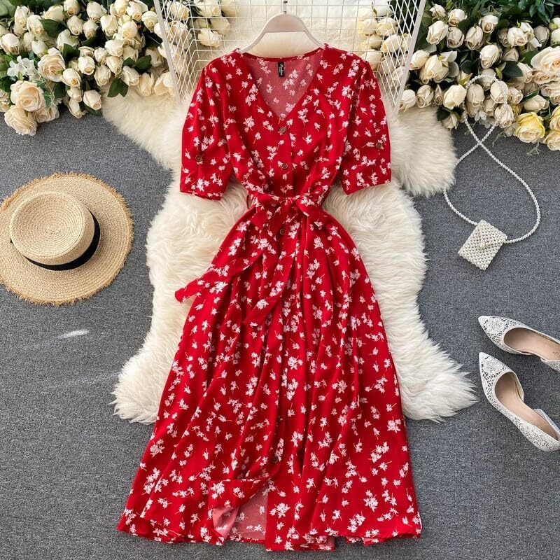 Gufrina Dresses For Women Half Sleeve || Floral Print || V-Neck And Puff Sleeves || Front Open Button & Tie-Up || Midi Dress (Red Xxl)