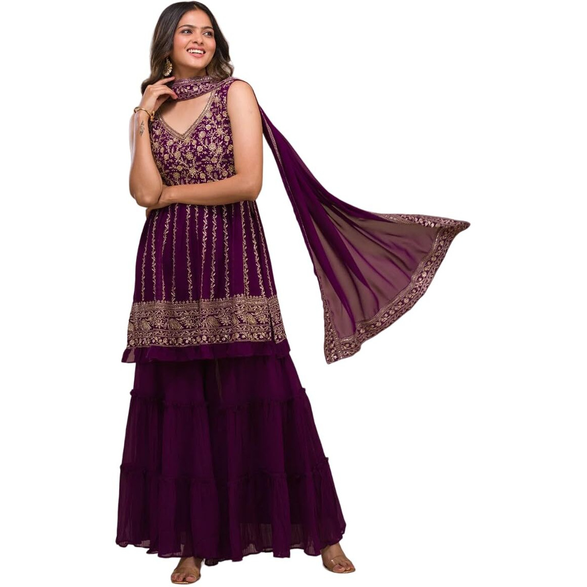 Xomantic Fashion Womens Purple Designer Zariwork Georgette Readymade Sharara Suit (Large, Wine)