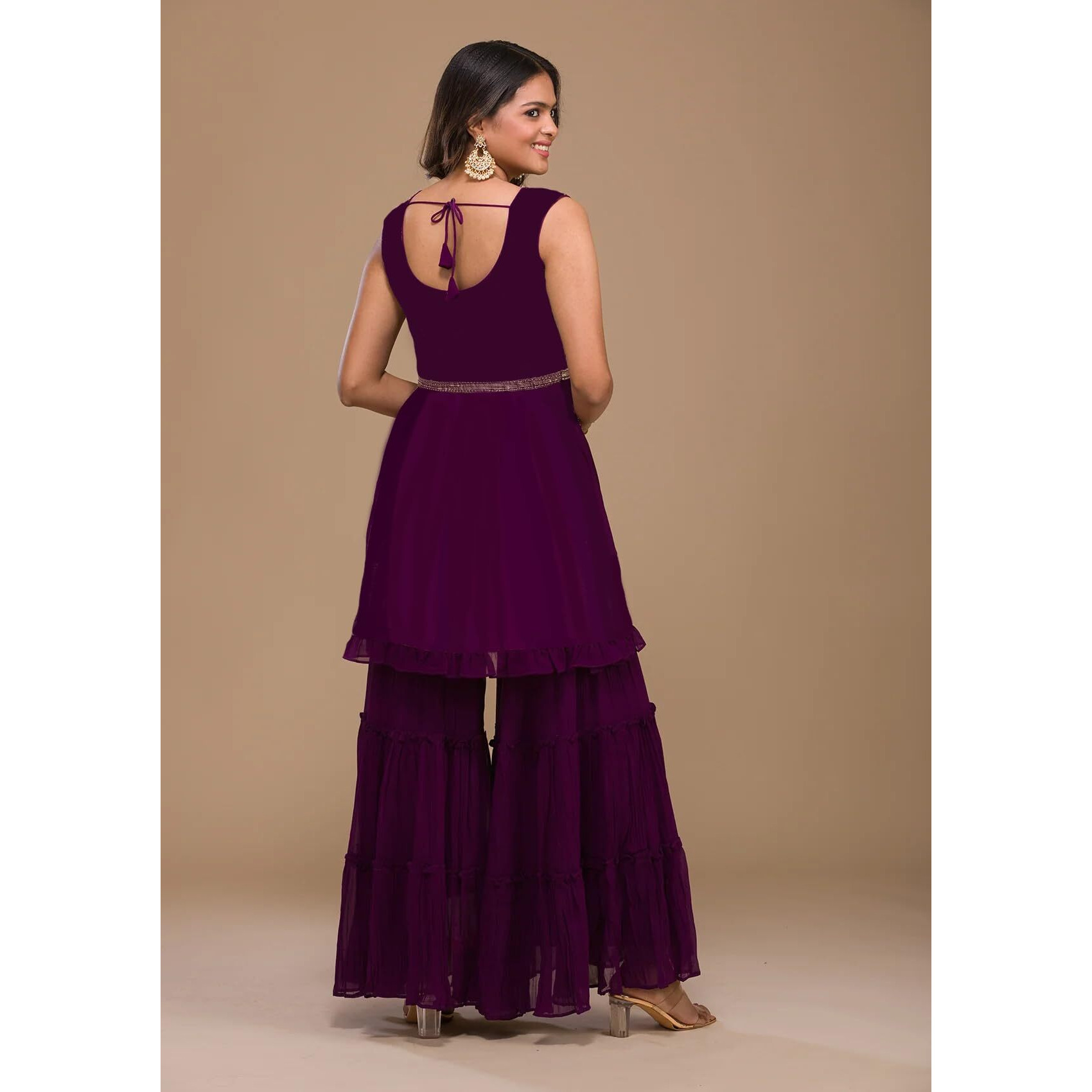 Xomantic Fashion Womens Purple Designer Zariwork Georgette Readymade Sharara Suit (Large, Wine)