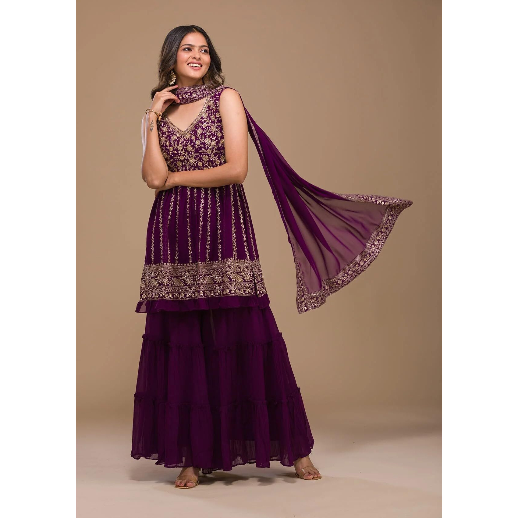 Xomantic Fashion Womens Purple Designer Zariwork Georgette Readymade Sharara Suit (Large, Wine)