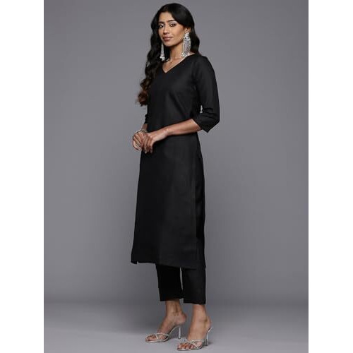 Varanga Women's Cotton Blend Kurta Set (Frl_Vskd32857_Vardup2186_Black