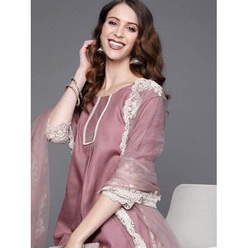 Alvami Women's Cotton Emboridered Anarkali Kurta & Pant Set With Dupatta (L) Pink (Kurta Set)