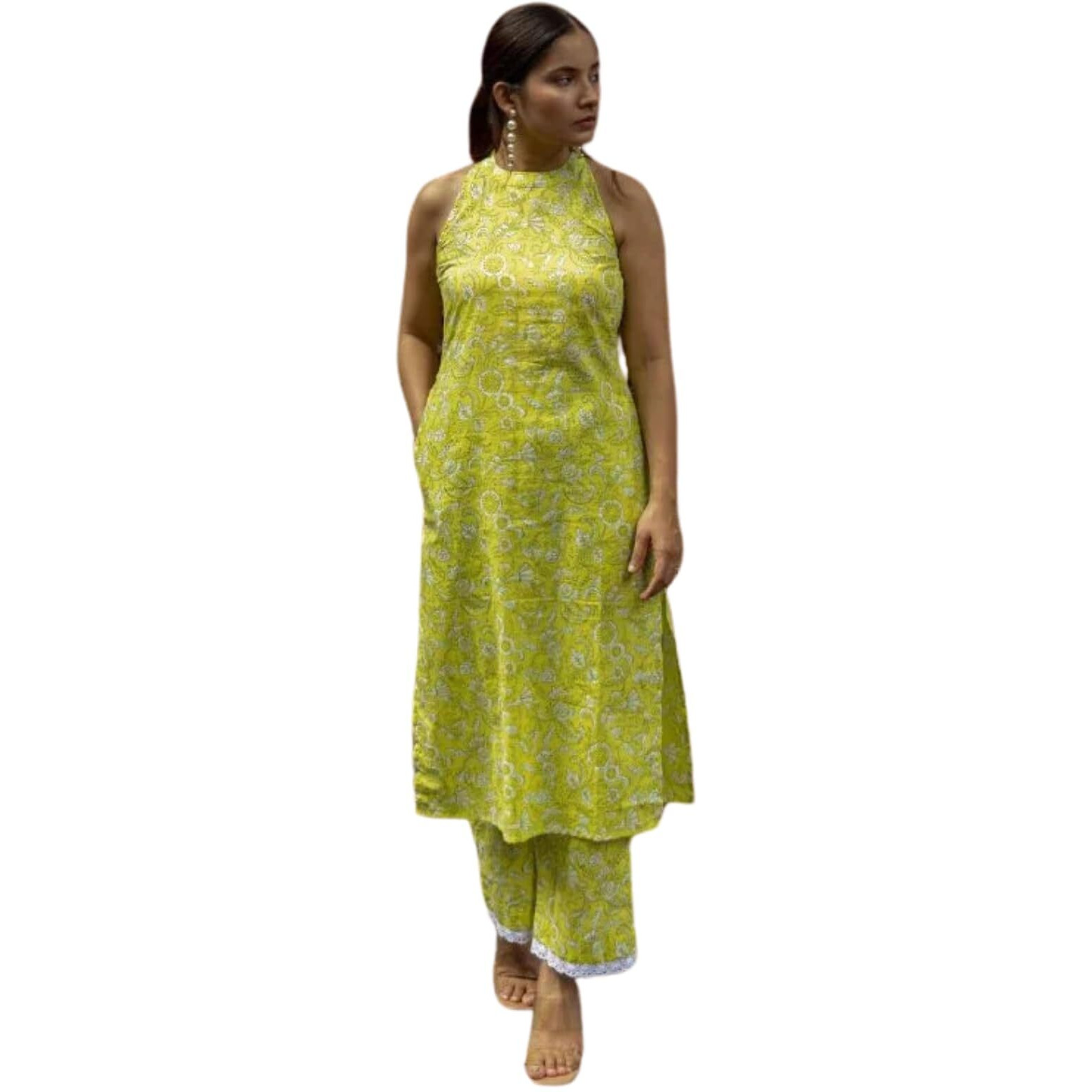 Dhruvi Trendz Women Cotton Printed Regular Fit Kurta Set (Dt-K2721&P143_Yellow_Xl)
