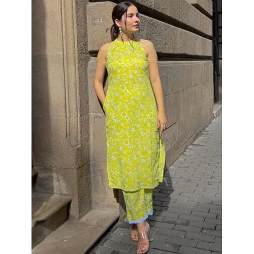 Dhruvi Trendz Women Cotton Printed Regular Fit Kurta Set (Dt-K2721&P143_Yellow_Xl)