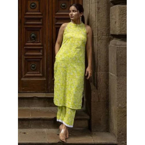 Dhruvi Trendz Women Cotton Printed Regular Fit Kurta Set (Dt-K2721&P143_Yellow_Xl)