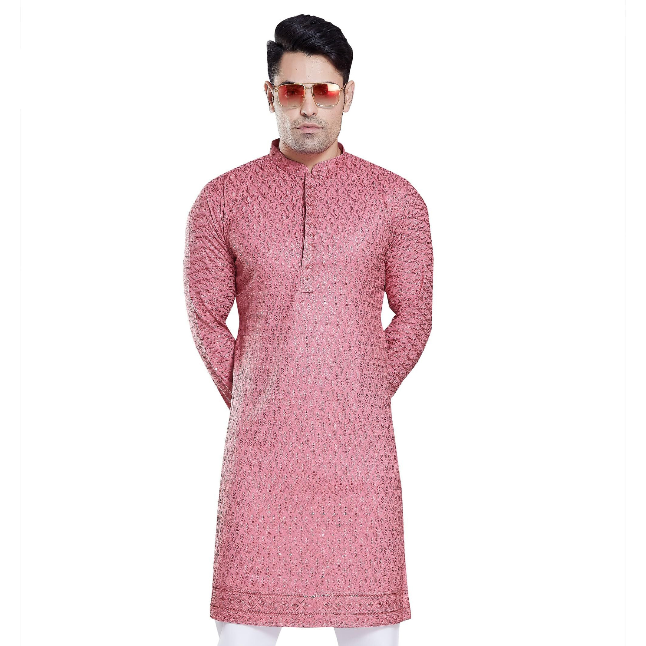 Divisive Men's Sequince Embroidered Cotton Blend Only Slim Fit Kurta (Dkrt111_Xxl_Pink)