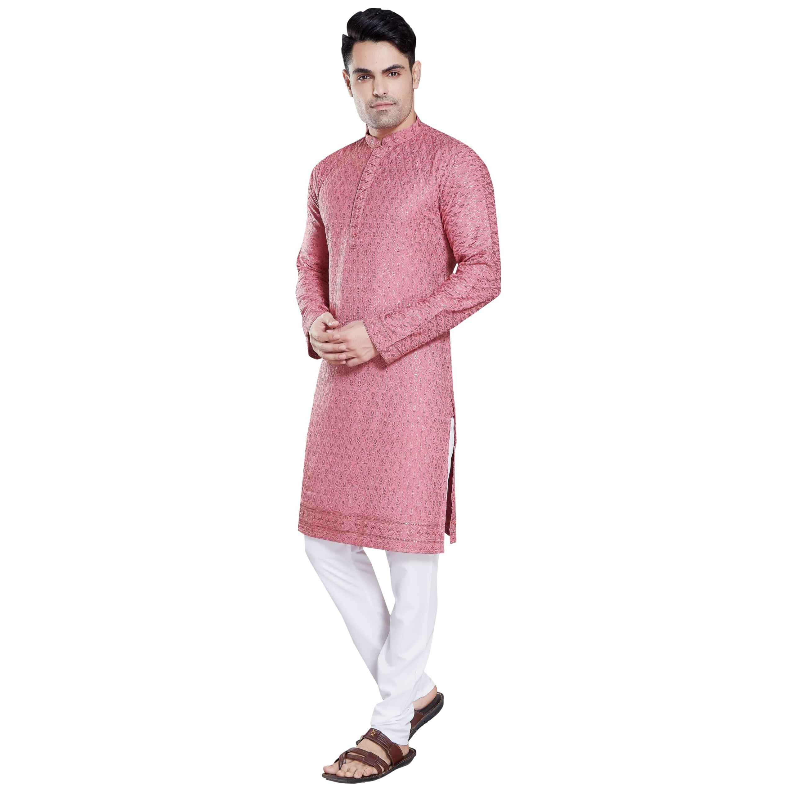 Divisive Men's Sequince Embroidered Cotton Blend Only Slim Fit Kurta (Dkrt111_Xxl_Pink)