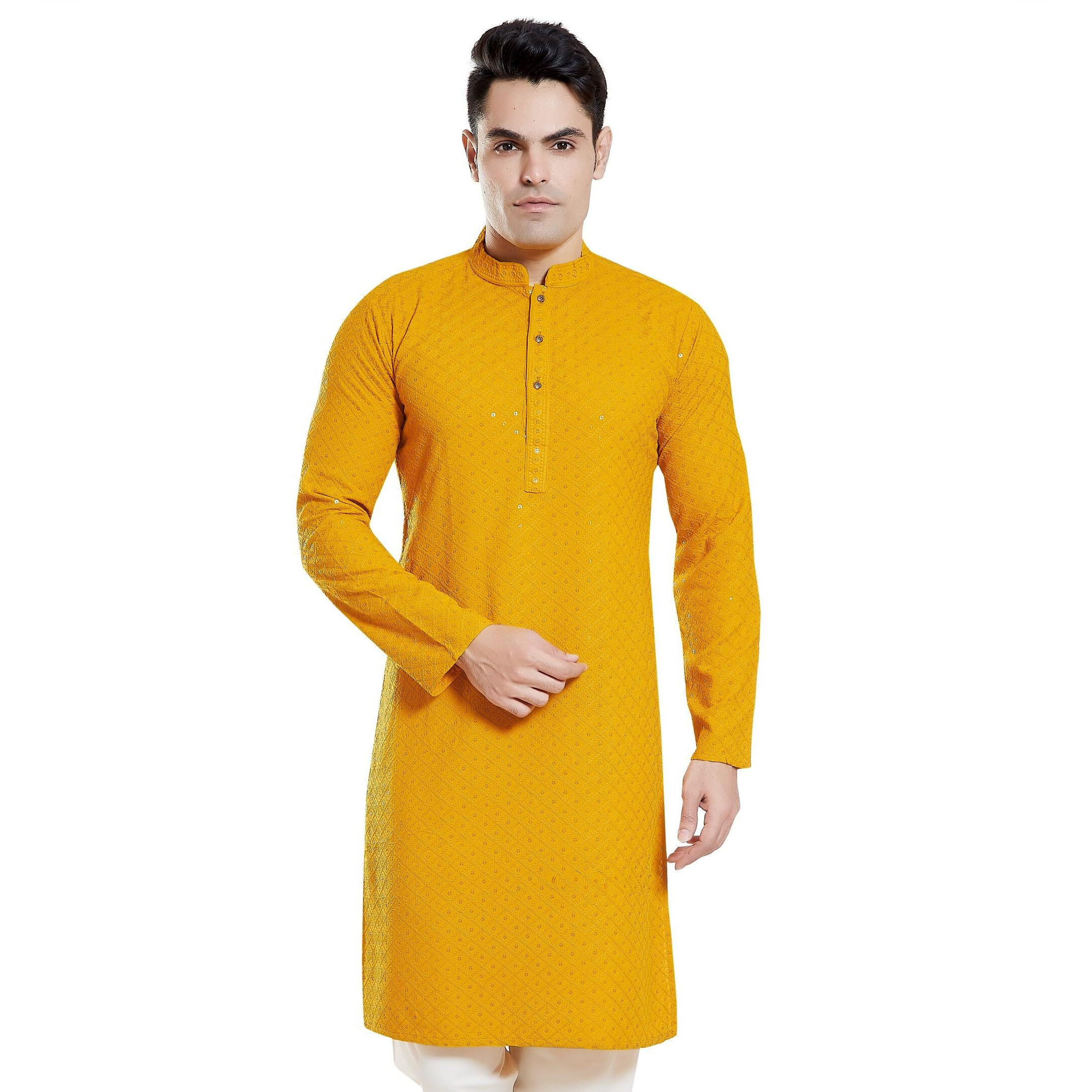 Divisive Men's Sequince Embroidered Cotton Blend Only Slim Fit Kurta (Dkrt135_S_Yellow)