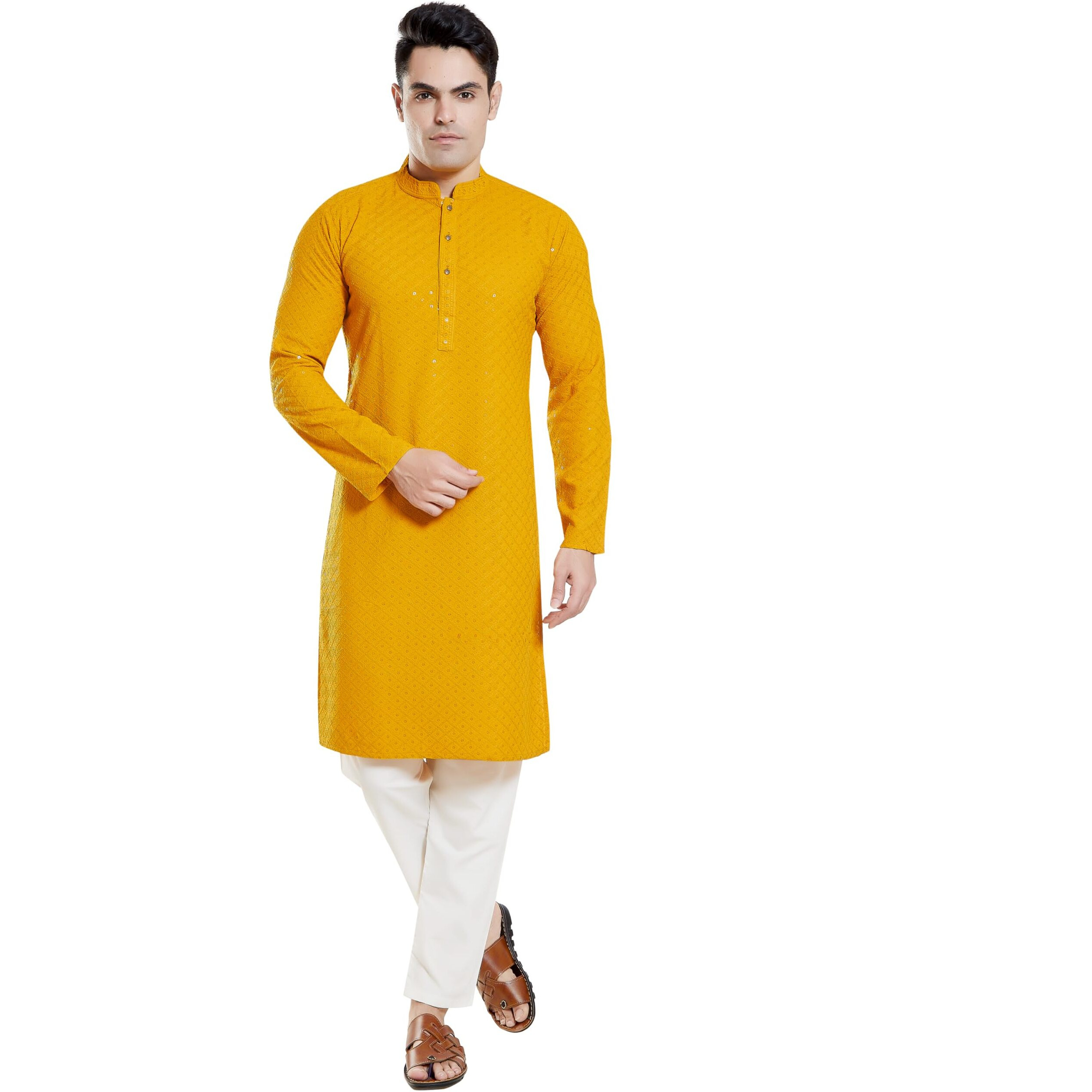 Divisive Men's Sequince Embroidered Cotton Blend Only Slim Fit Kurta (Dkrt135_S_Yellow)