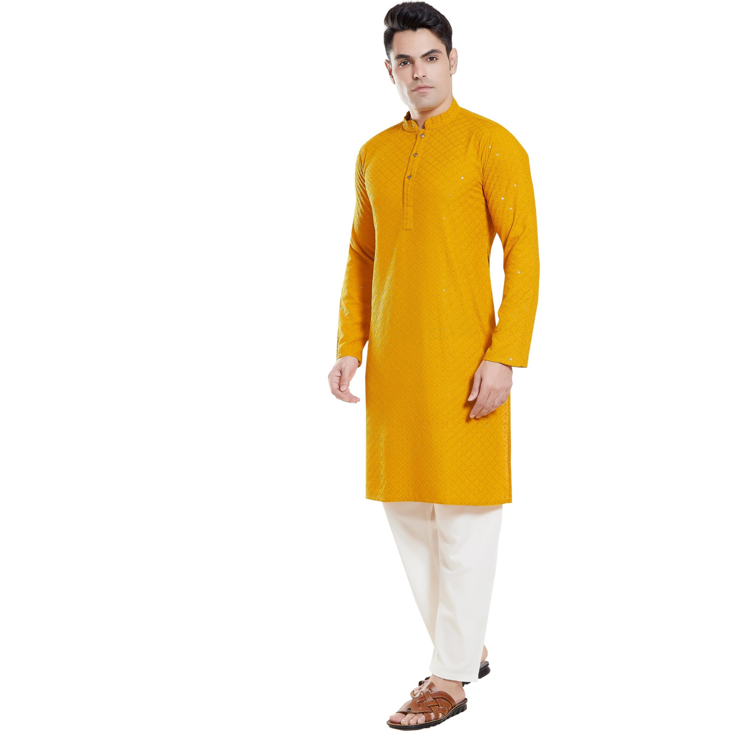 Divisive Men's Sequince Embroidered Cotton Blend Only Slim Fit Kurta (Dkrt135_S_Yellow)