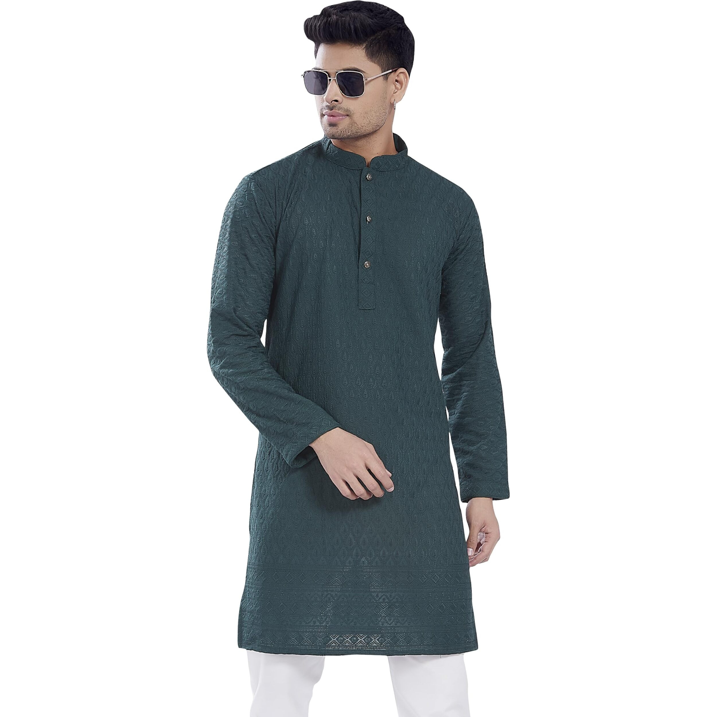 Divisive Men's Thread Embroidered Cotton Blend Only Slim Fit Kurta (Dkrt726_S_Bottle Green)