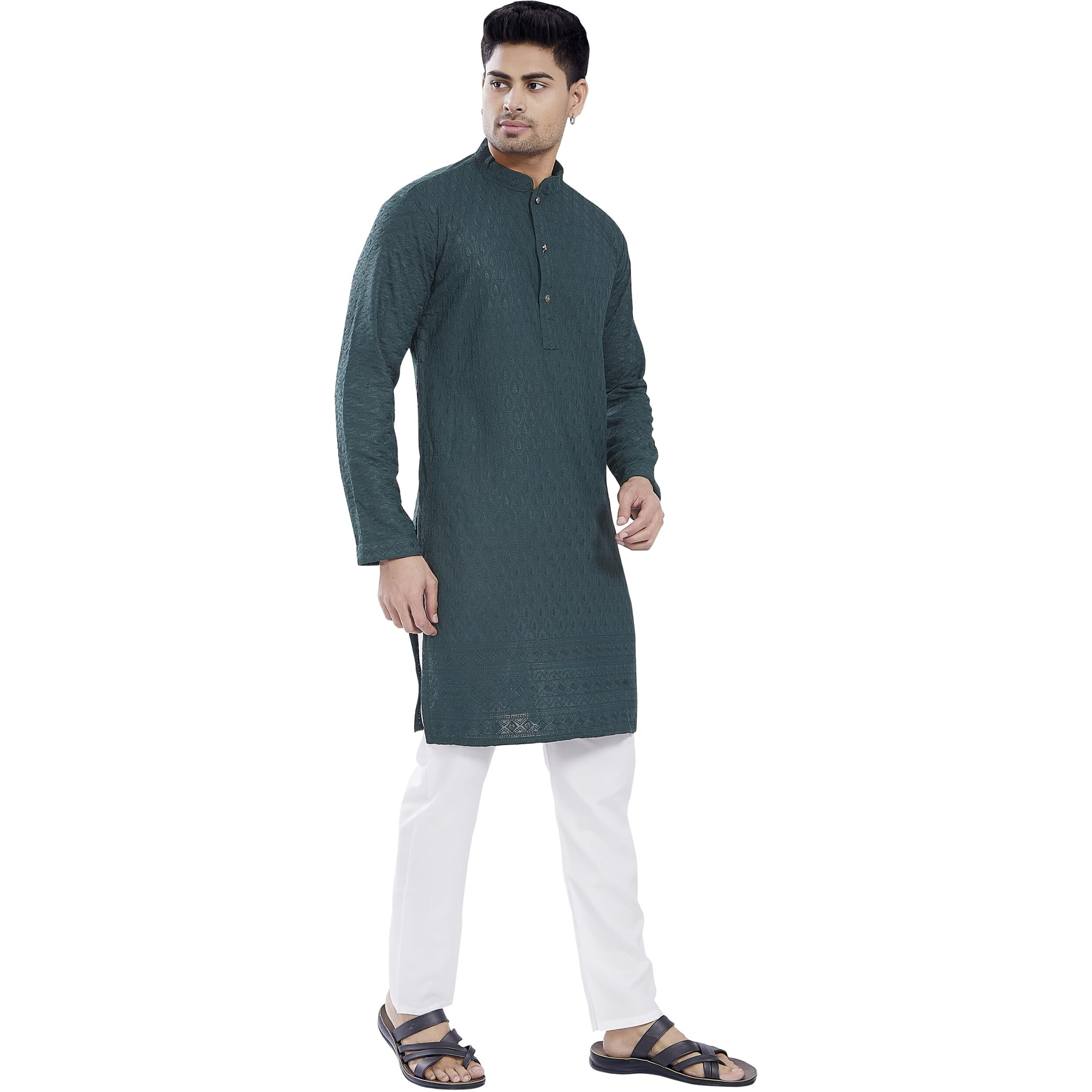 Divisive Men's Thread Embroidered Cotton Blend Only Slim Fit Kurta (Dkrt726_S_Bottle Green)