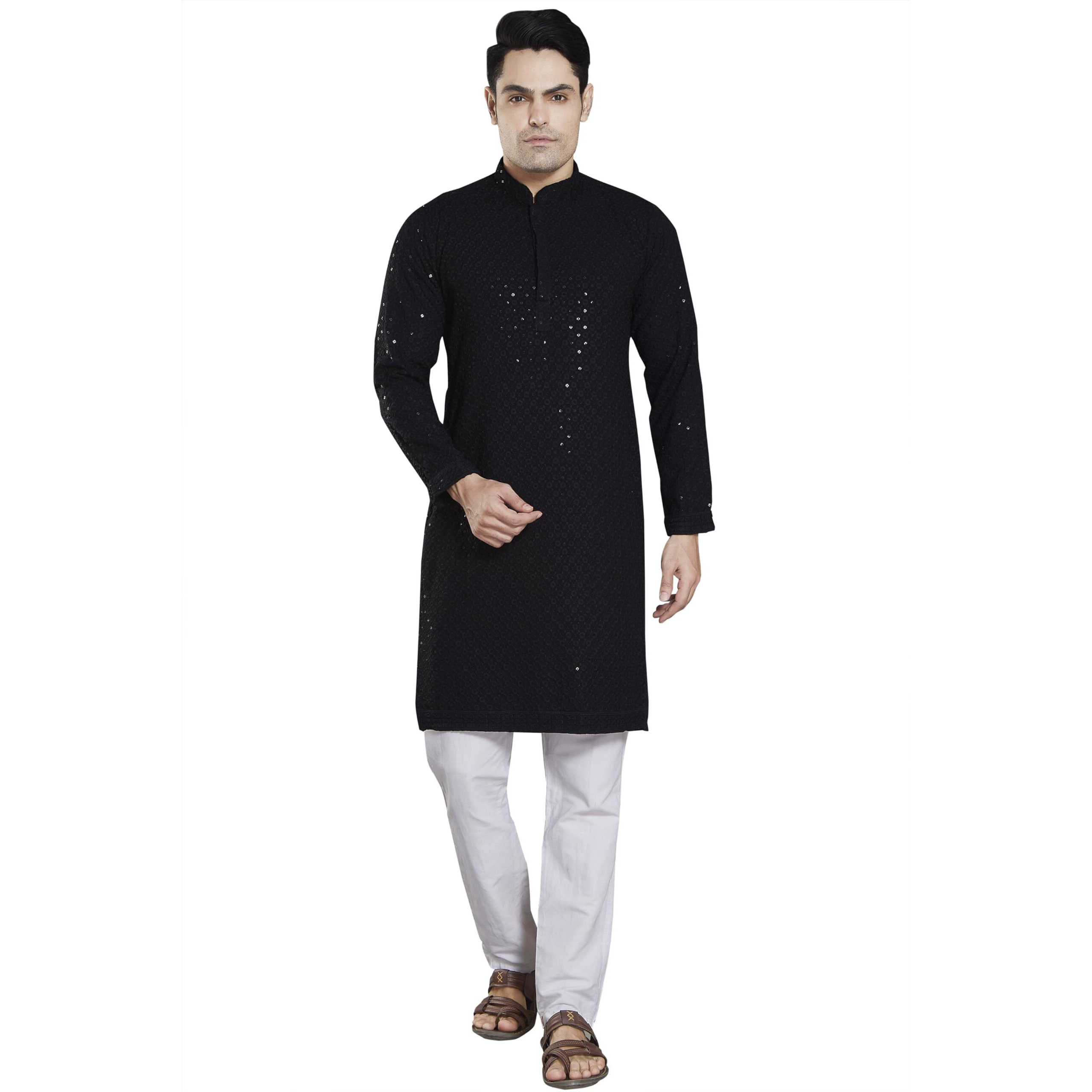 Divisive Men's Sequince Embroidered Cotton Blend Slim Fit Kurta Pyjama Set (Dkrt35_M_Black)