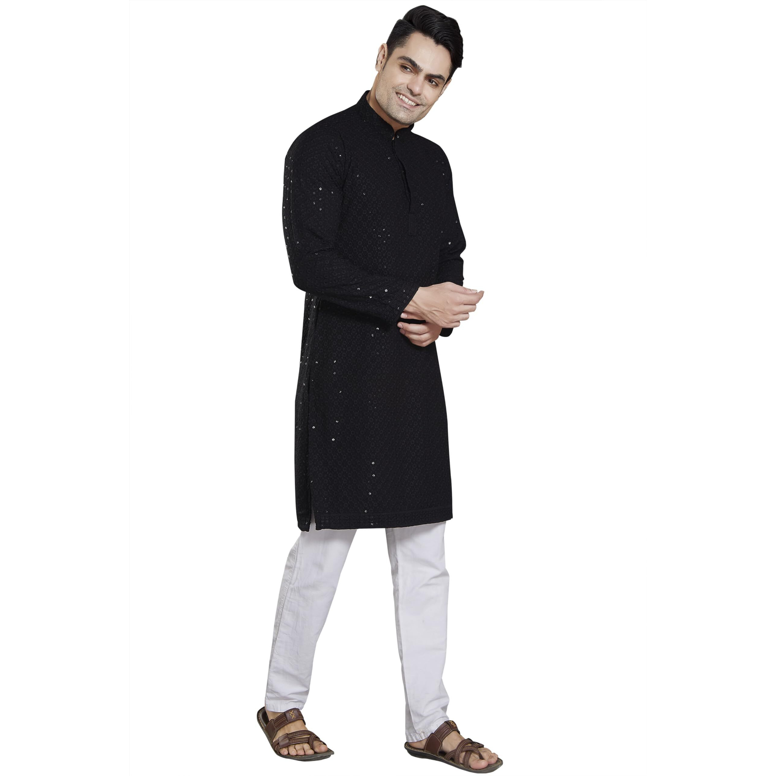Divisive Men's Sequince Embroidered Cotton Blend Slim Fit Kurta Pyjama Set (Dkrt35_M_Black)