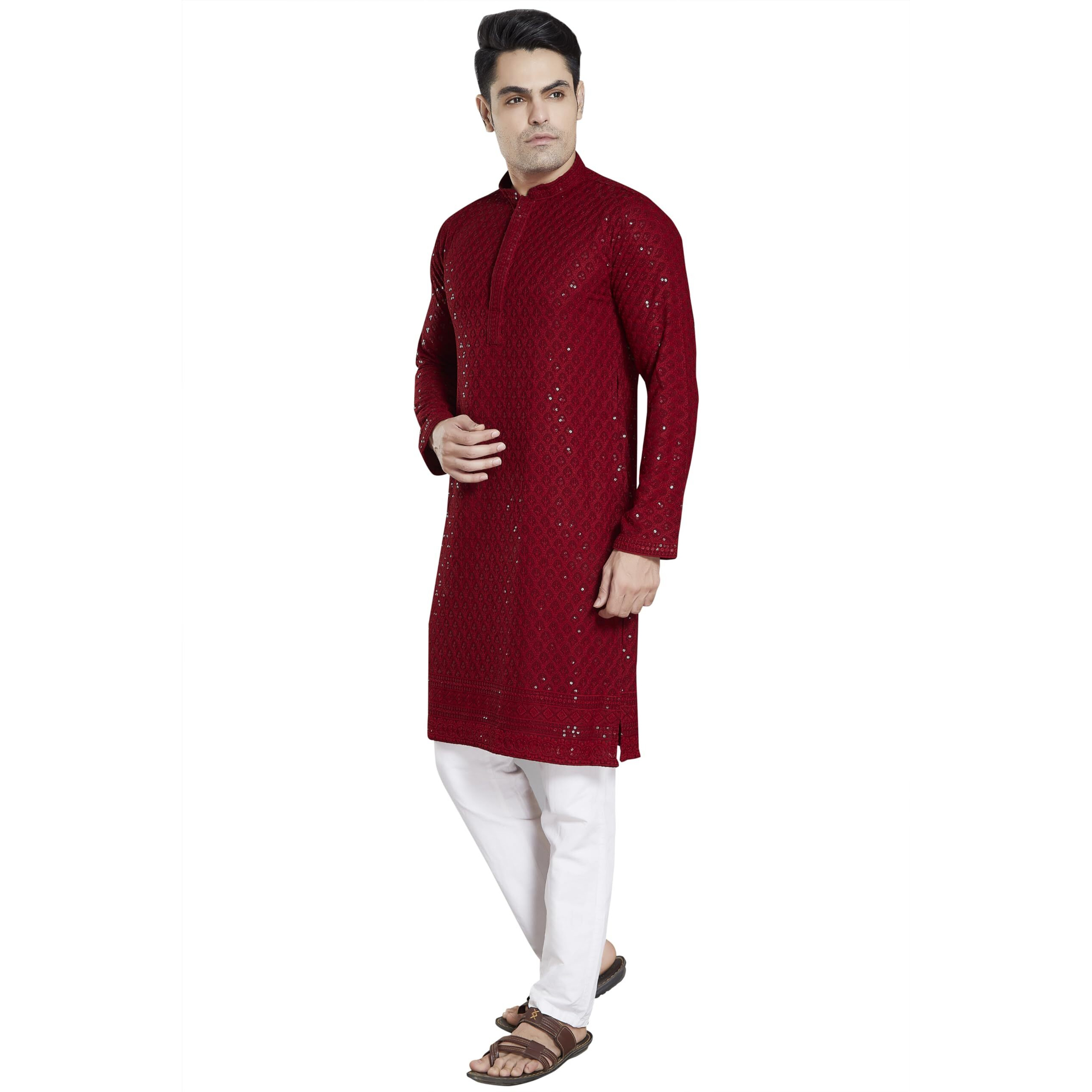 Divisive Men's Sequince Embroidered Cotton Blend Slim Fit Kurta Pyjama Set (Dkrt26_M_Red)