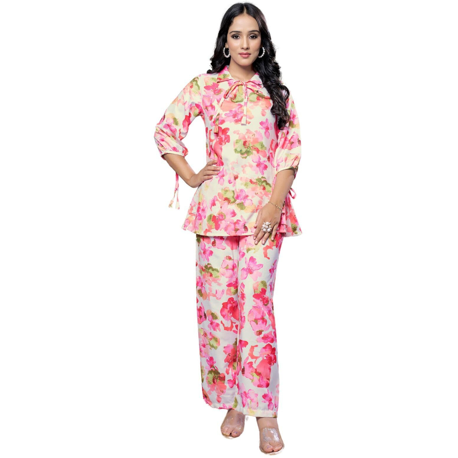 Greciilooks Rayon Floral Regular Fit Stylish Kurta Ethnic For Women | 3/4 Sleeve Co-Ord Set (Gl-W1938&Tr960_Pink_3Xl)