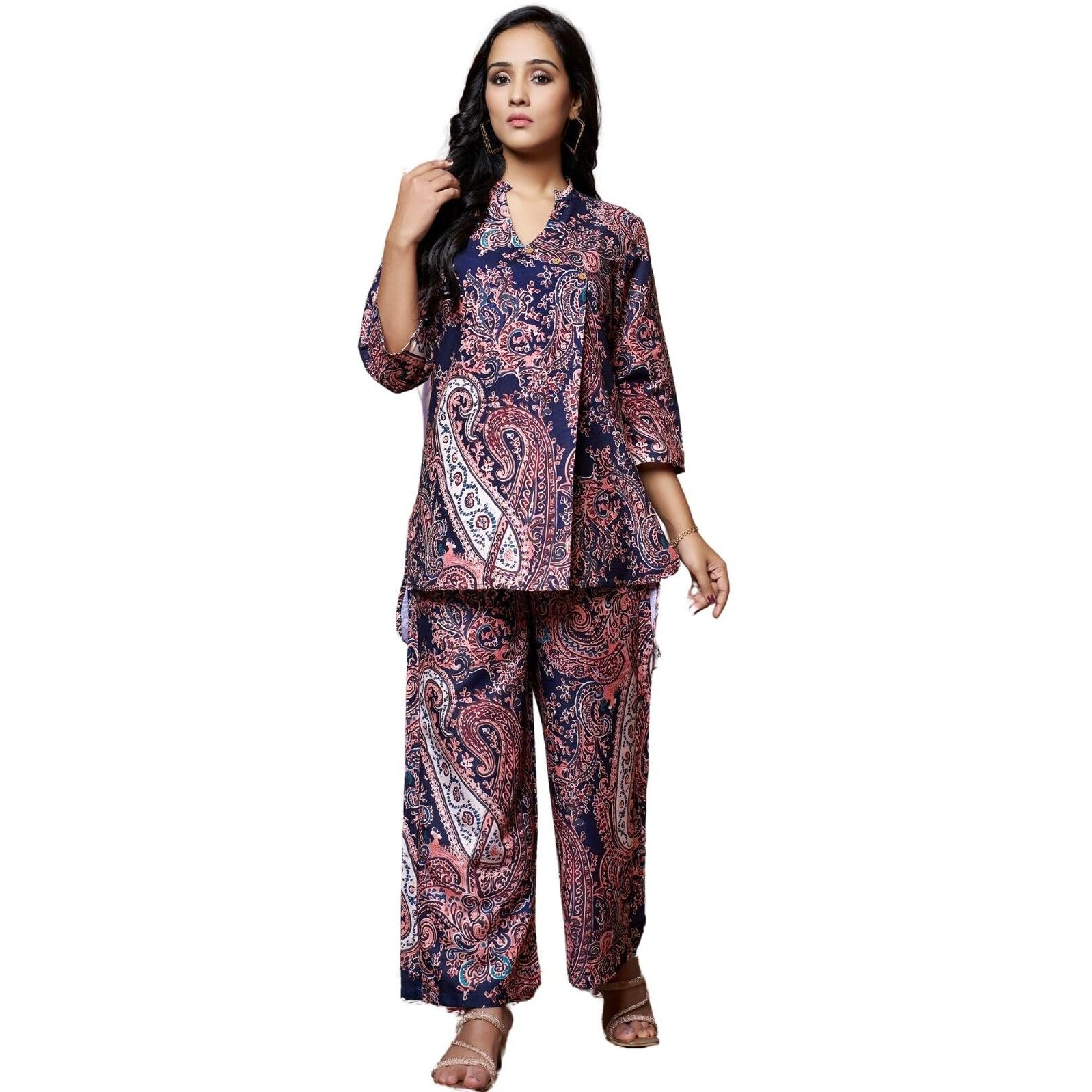 Greciilooks Women's Casual Rayon Floral Regular Fit Co-Ord Set (Black, Small)