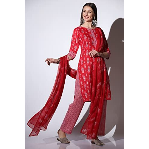 Greciilooks Womens Cotton Casual Regular Fit Kurta Set (Pink, X-Large)