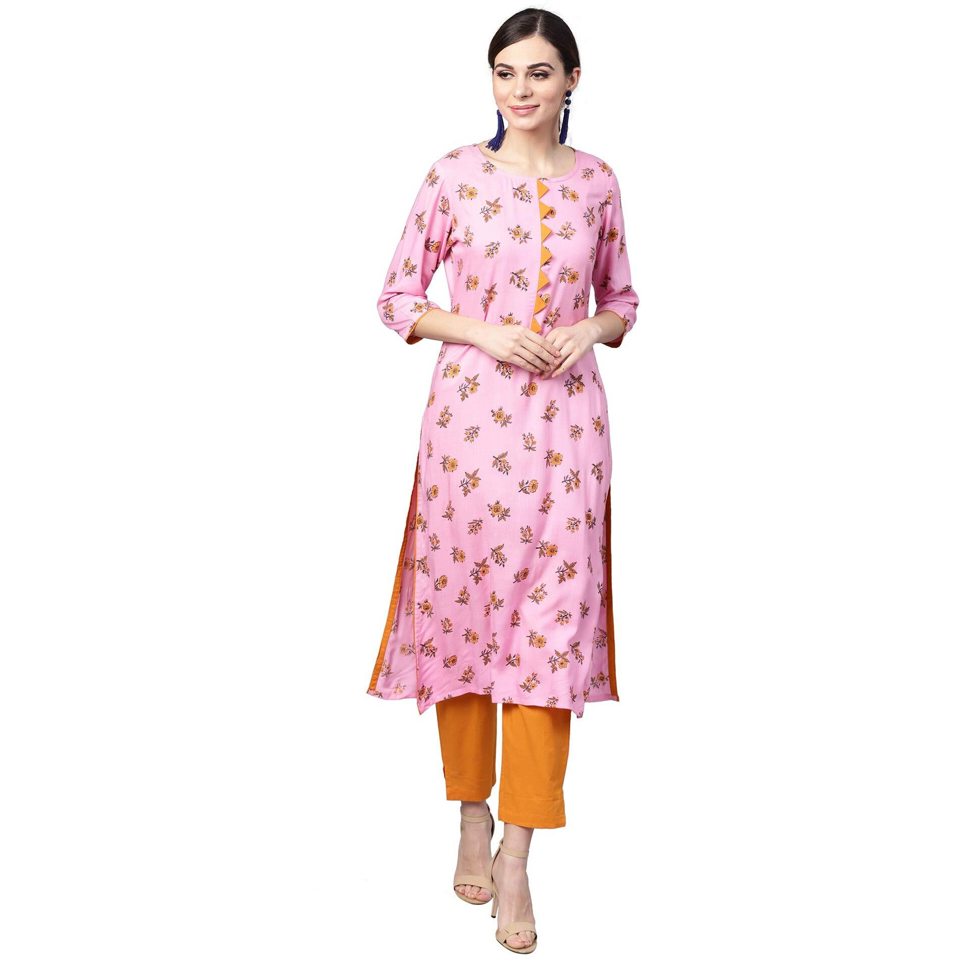 Idalia Women's Pink Rayon Kurta With Mustard Cotton Pants (Pink, Xl)