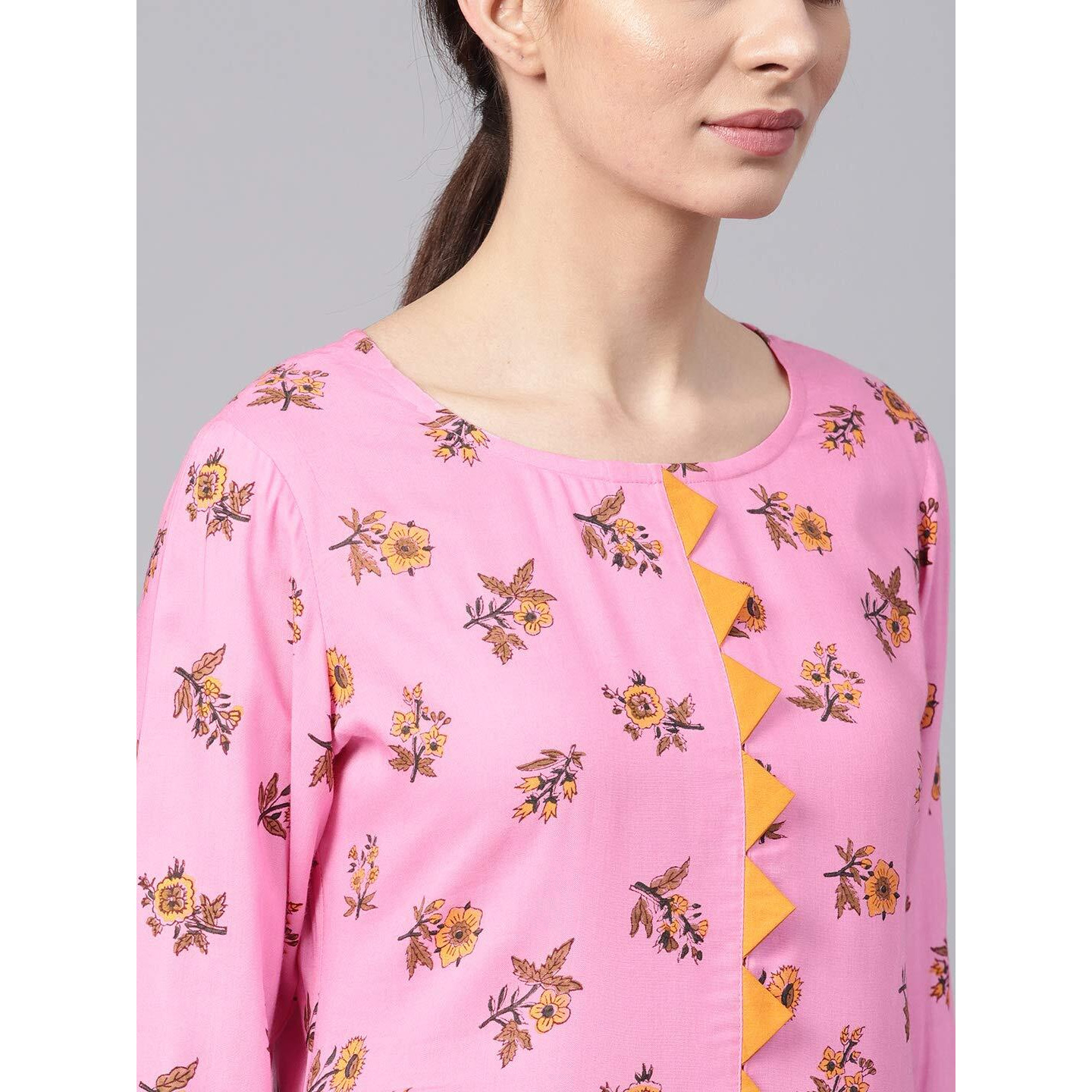 Idalia Women's Pink Rayon Kurta With Mustard Cotton Pants (Pink, Xl)