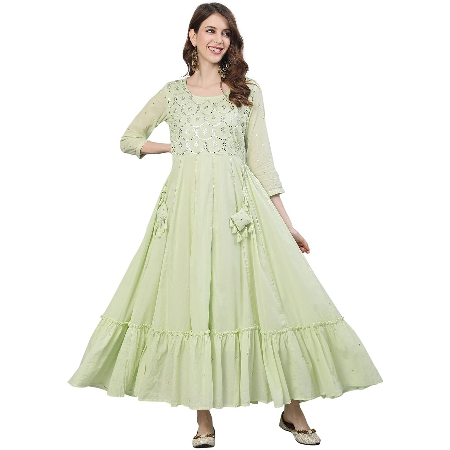 Ishin Women's Cotton Anarkali Embroidered Kurta Kpmmp-10087_Xl_Pista Green