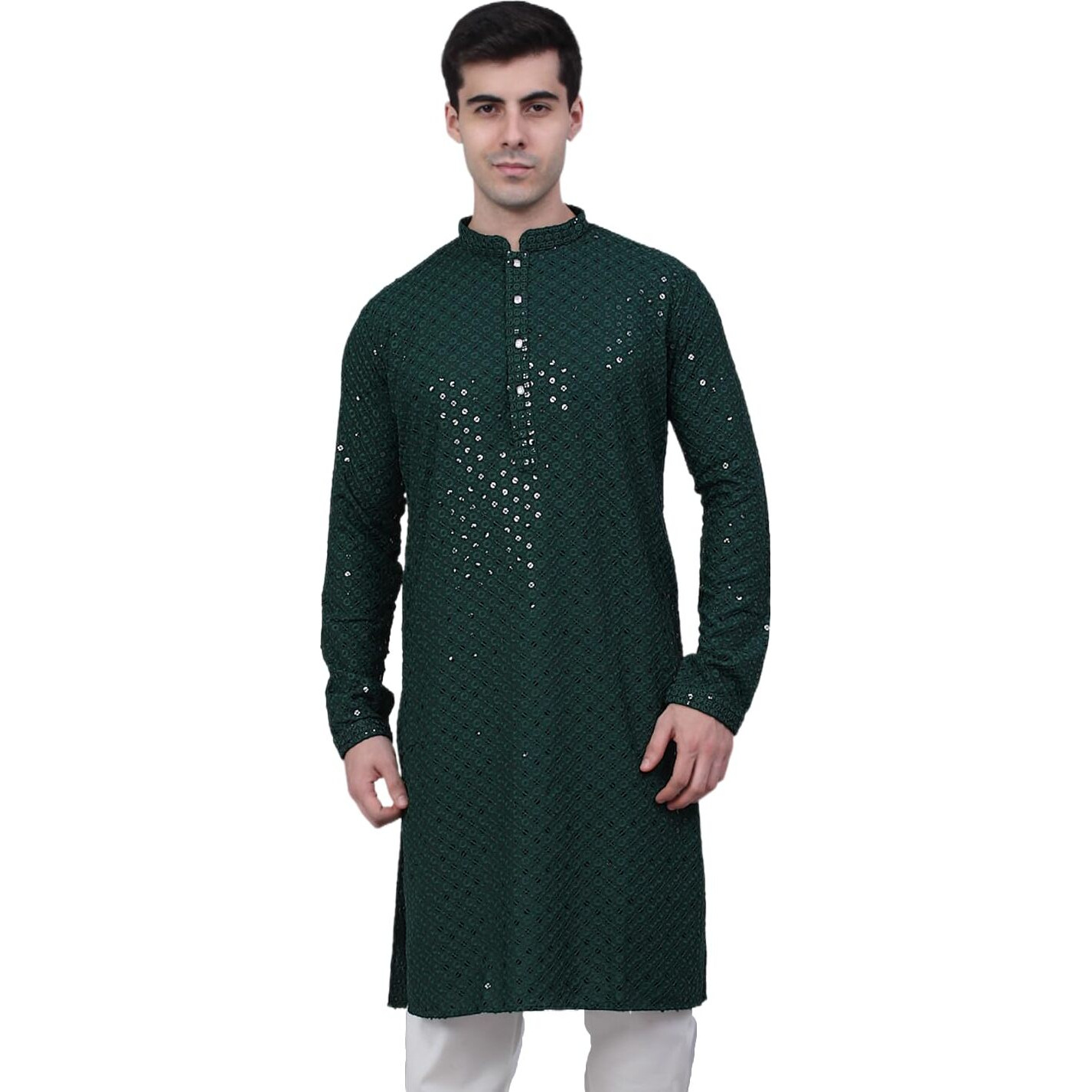 Jompers Men's Chikankari Embroidered And Sequence Kurtas (Olive, S)