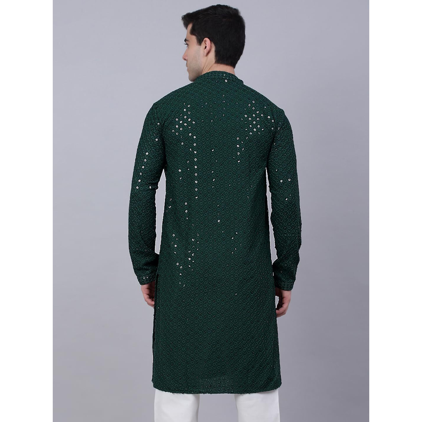 Jompers Men's Chikankari Embroidered And Sequence Kurtas (Olive, S)